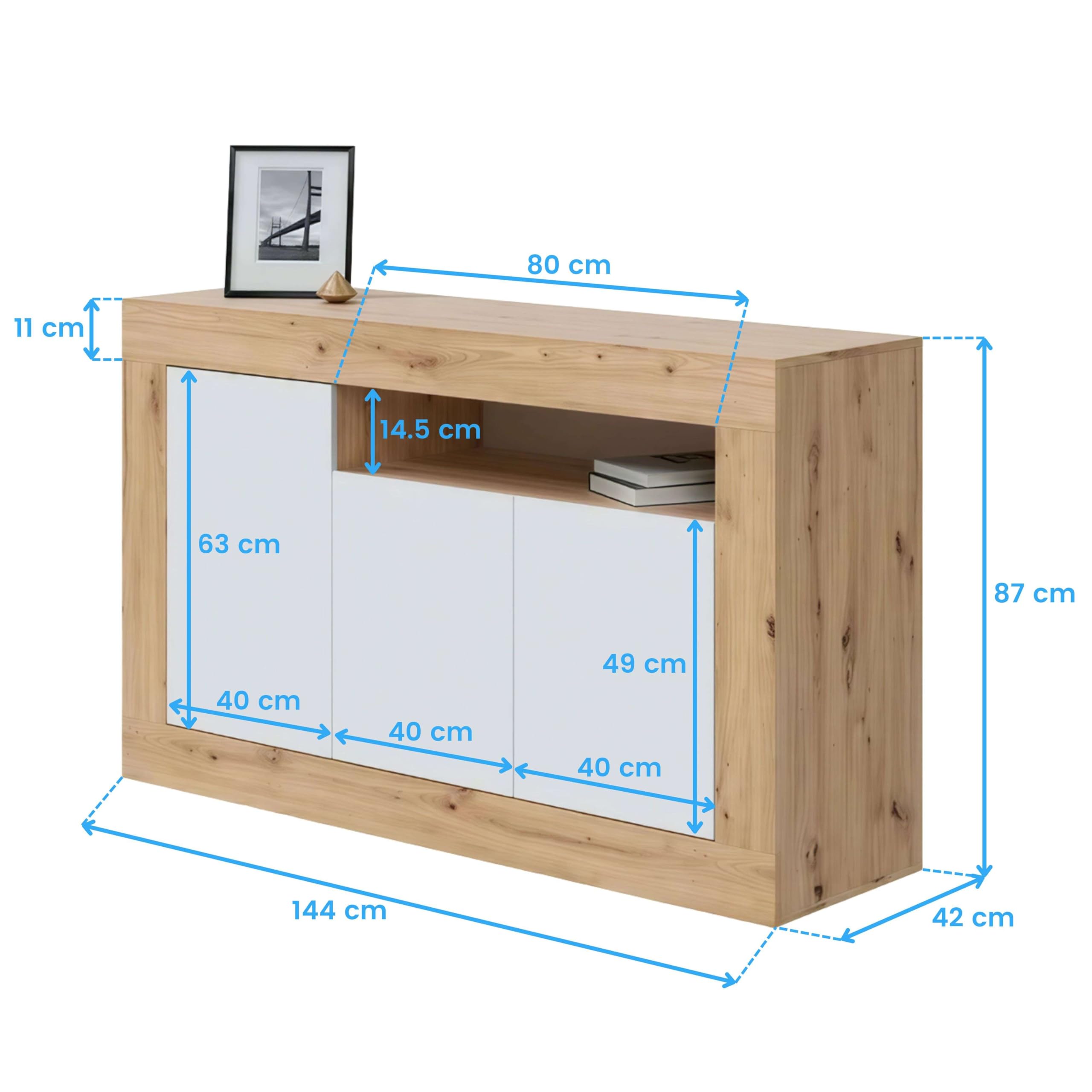 Habitdesign Aparador 3 Puertas, Buffet para Salon, Armario Auxiliar, Modelo Baltik, Acabado en Color Blanco Artik y Roble Nodi, Medidas: 144 cm (Ancho) x 87 cm (Alto) x 42 cm (Fondo)