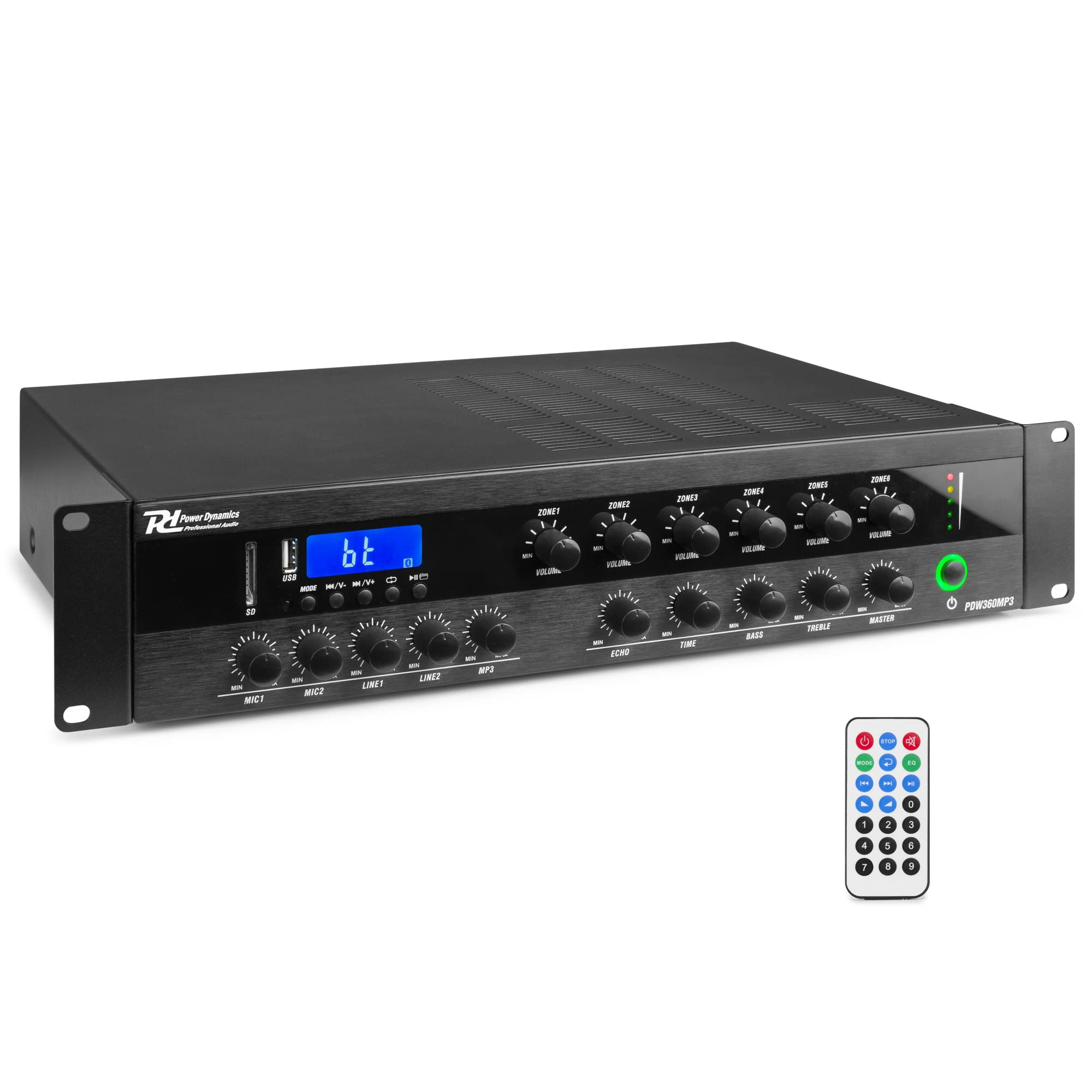Power Dynamics PDW500MP3 - Verstärker, PA Mixer, 6-Zonen-Verstärker, 500 Watt, Bluetooth, MP3, für 100V- Soundsysteme, RCA-Inputs, MIC-IN, 3-Band EQ, Mehrzonen Endstufe