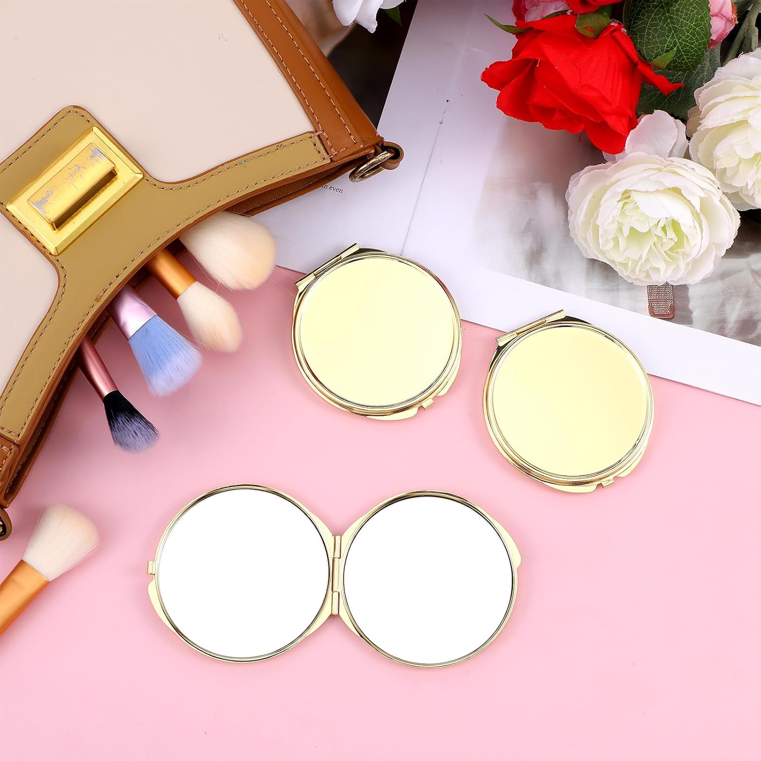 8 Pcs Gold Metal Compact Mirror Bulk Round Double Sided 1X 2X Magnifying Portable Folding Mini Travel Pocket Mirror for Women Makeup Purse Bridesmaid Gifts
