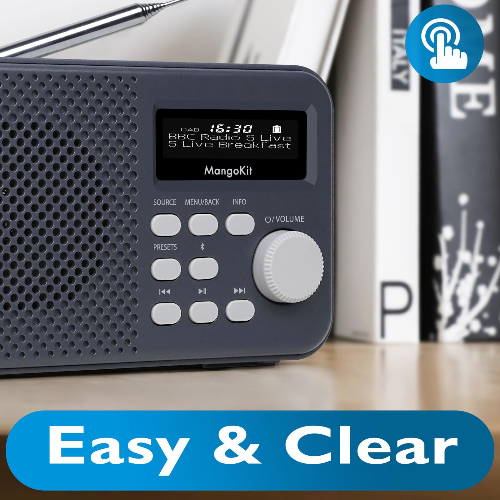 MD2-Plus Radio Dab/Dab+/FM Portable - Diffusion Bluetooth, 40 présélections, Grand écran LCD, Alimentation Secteur ou Piles, Prise Casque, Radio compacte pour Chevet ou Cuisine