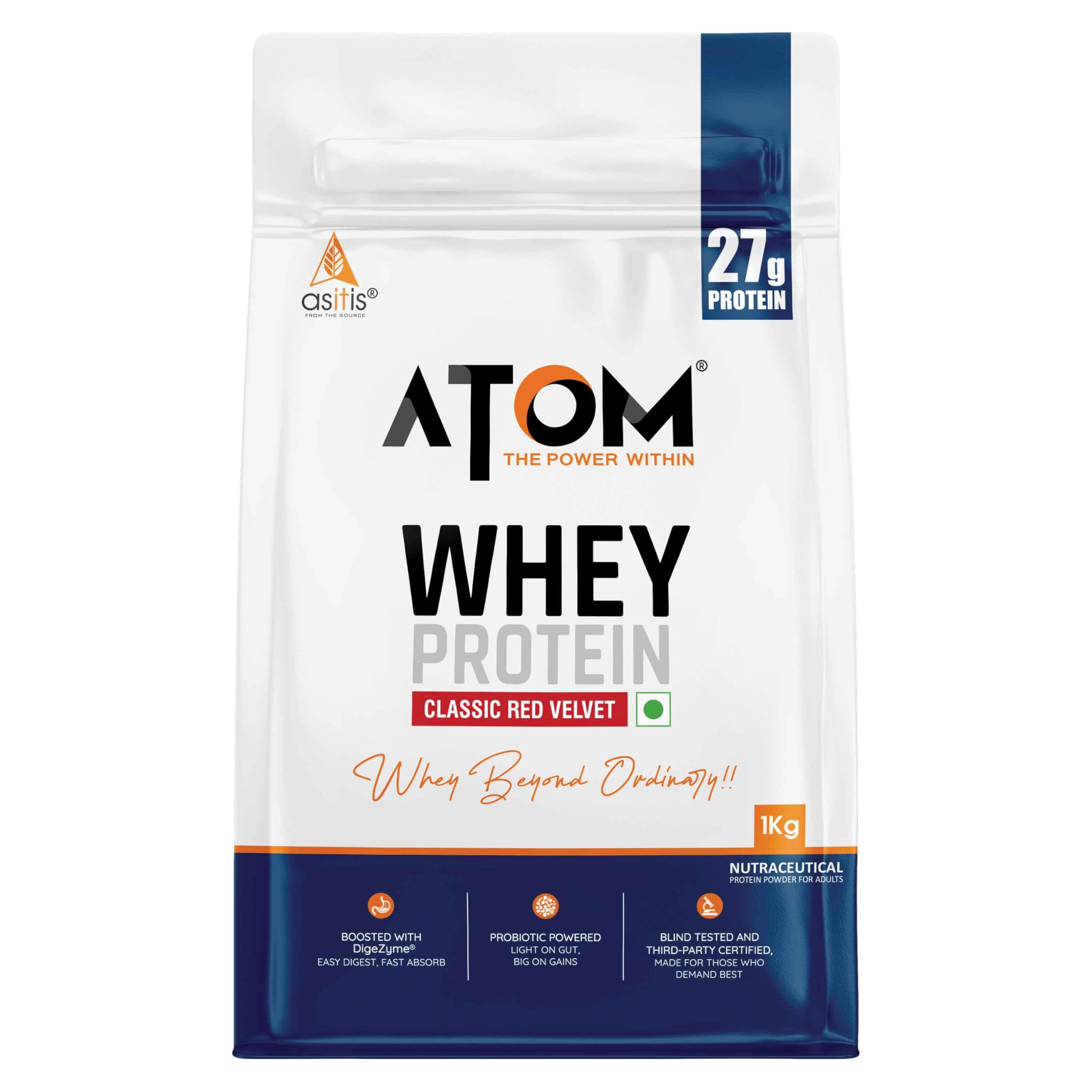AS-IT-IS ATOM Whey Protein 1kg | 27g protein | Isolate & Concentrate | Classic Red Velvet | USA Labdoor Certified | With Digestive Enzymes for better absorption