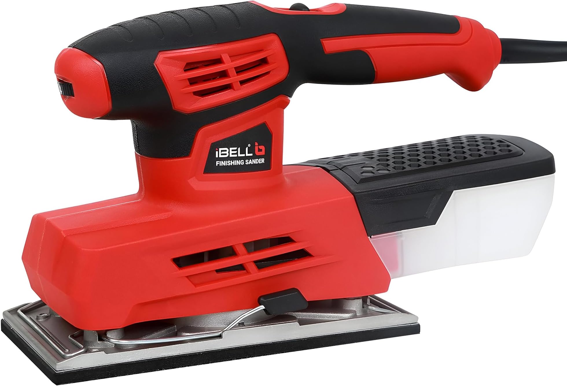 IBELL Finishing Sander FS87-20, 220W, Copper Armature, Sanding Area 90X187mm, 12000 RPM with Sand Paper and Dust Box, Red
