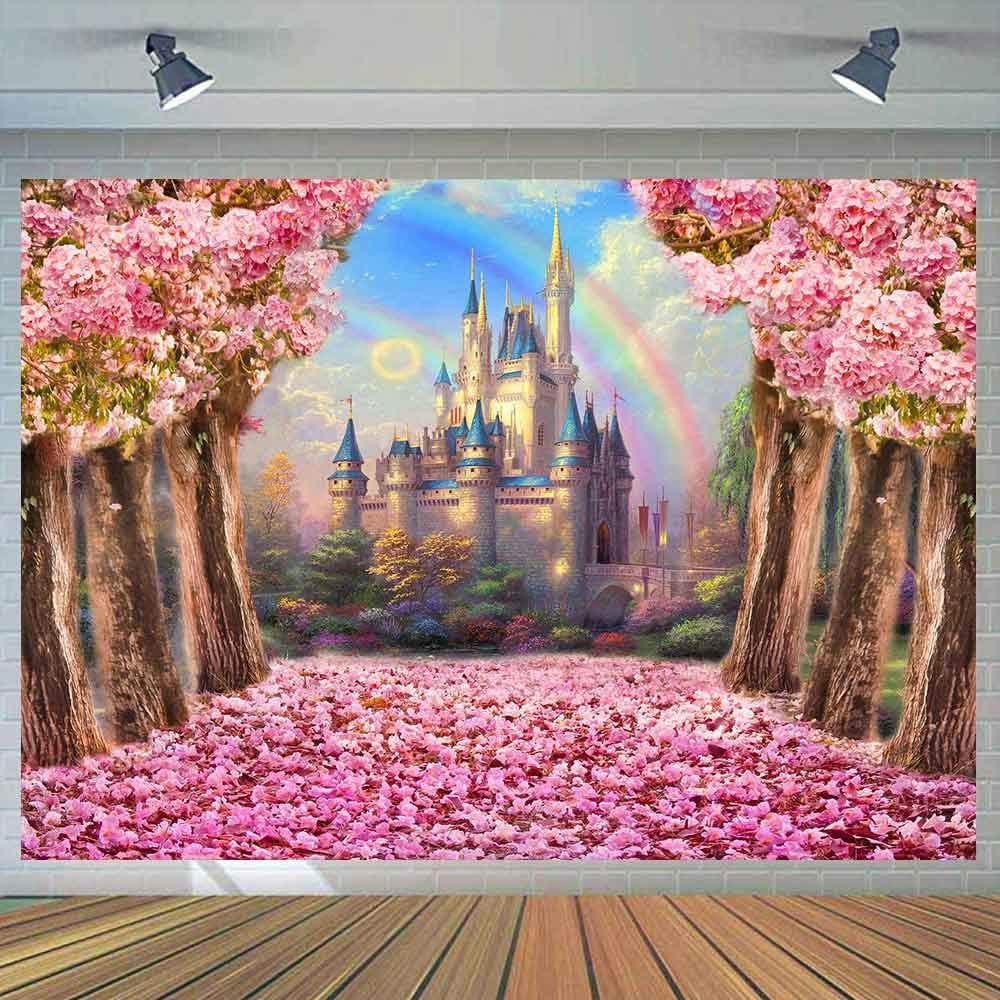 Dreamy Castle Backdrop 8x6ft Pink Sweet Sakura Flowers Tree Washable Polyester Photography Background Wedding Birthday Party Photo Studio Props YL068