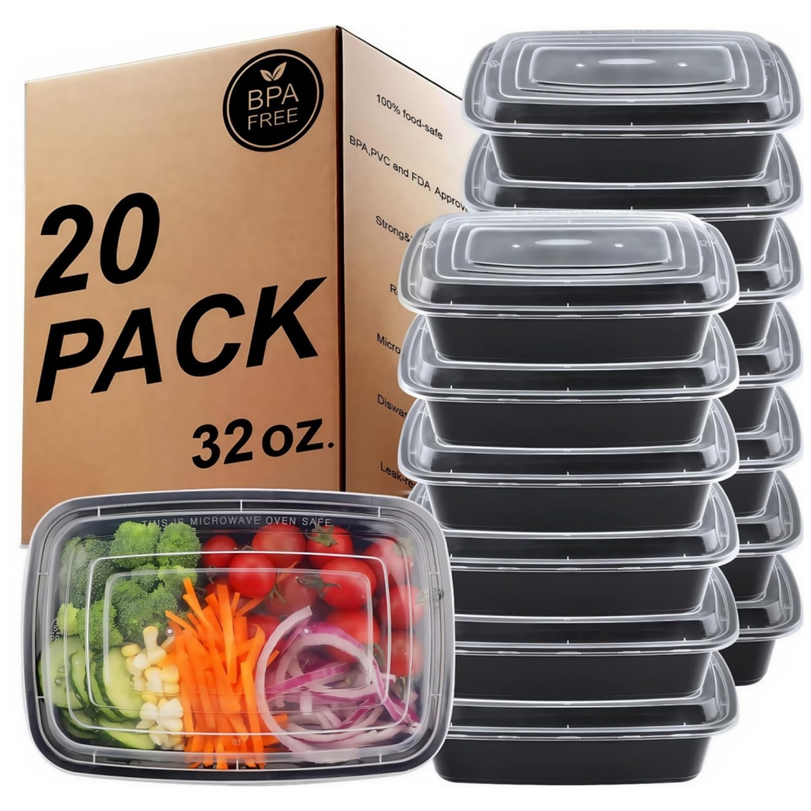 KINGHON 20 Pack Meal Prep Containers - 1000ml/32oz Container for Food Prep - 1 Compartment BPA Free Reusable Food Storage boxes with Lids