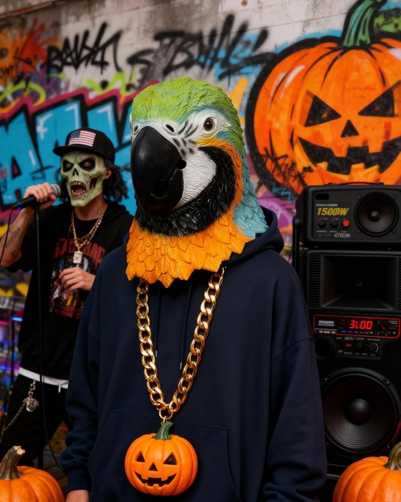 Party ] Vibrant Parrot Latex Mask - Funky & Realistic Animal Headgear For Halloween, Cosplay, Masquerade Parties & Pranks - Green, Blue & Orange Feathers With & Feet - Natural Latex Material - View #10