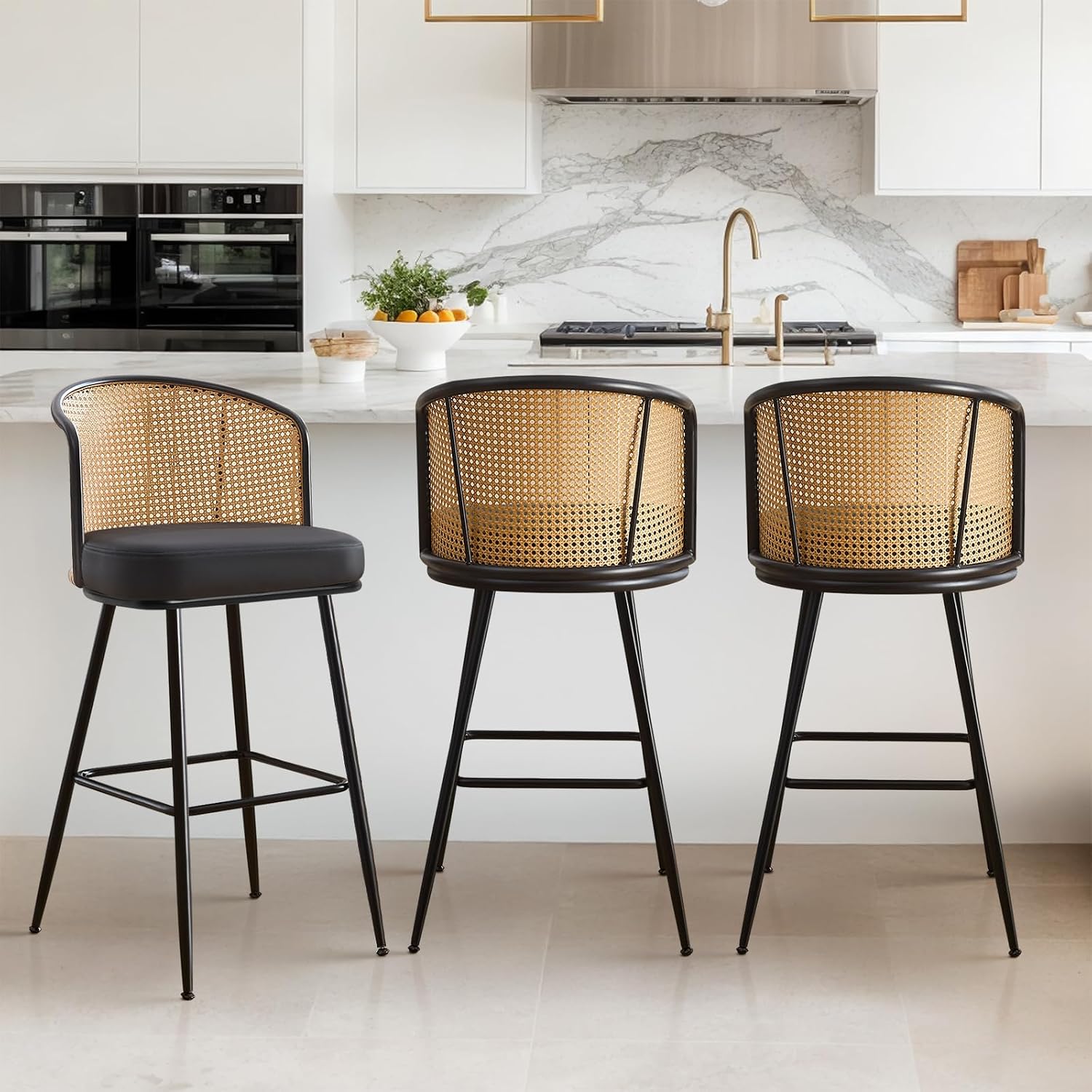 Rattan Bar Stools Set of 3, 26 Inch PU Leather Upholstered Barstools, Counter Height Bar Stools with Cane Back, Modern Farmhouse Counter Stool for Kitchen Island, Countertop, Black