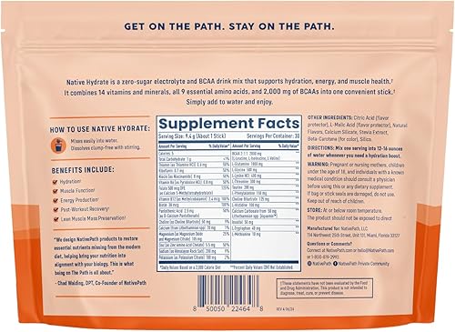 Miniatura 3 de NativePath Native Hydrate - Paquetes de electrolitos en polvo sin azúcar con BCAAs, hidratación de melocotón y mango, apto para dieta keto y paleo,