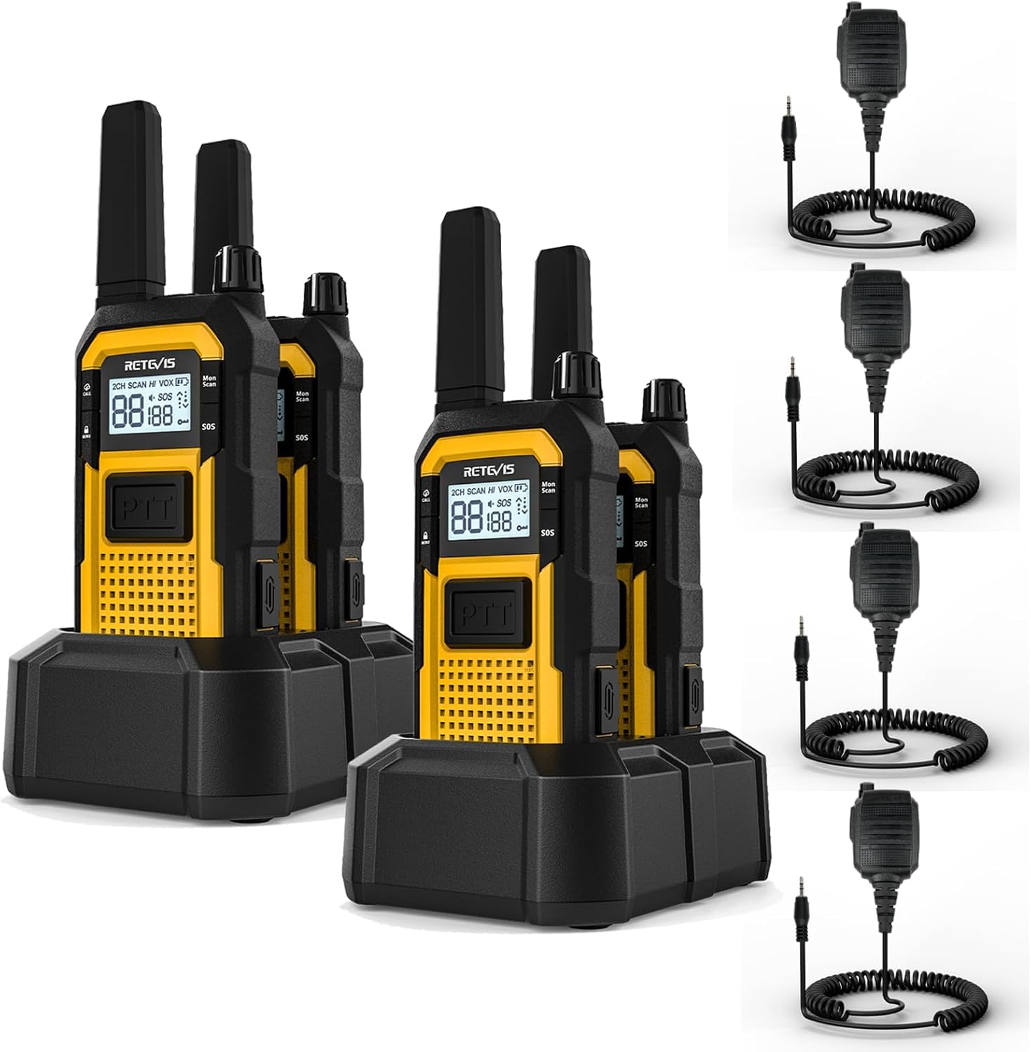 Retevis RB48 Walkie Talkies Long Range, 2 Way Radio with Shoulder Mic, IP67 Waterproof, 2000mAh, Vibration Reminder, Emergency, NOAA,MIL-STD-810H, Heavy Duty Two Way Radios (4 Pack) - 1