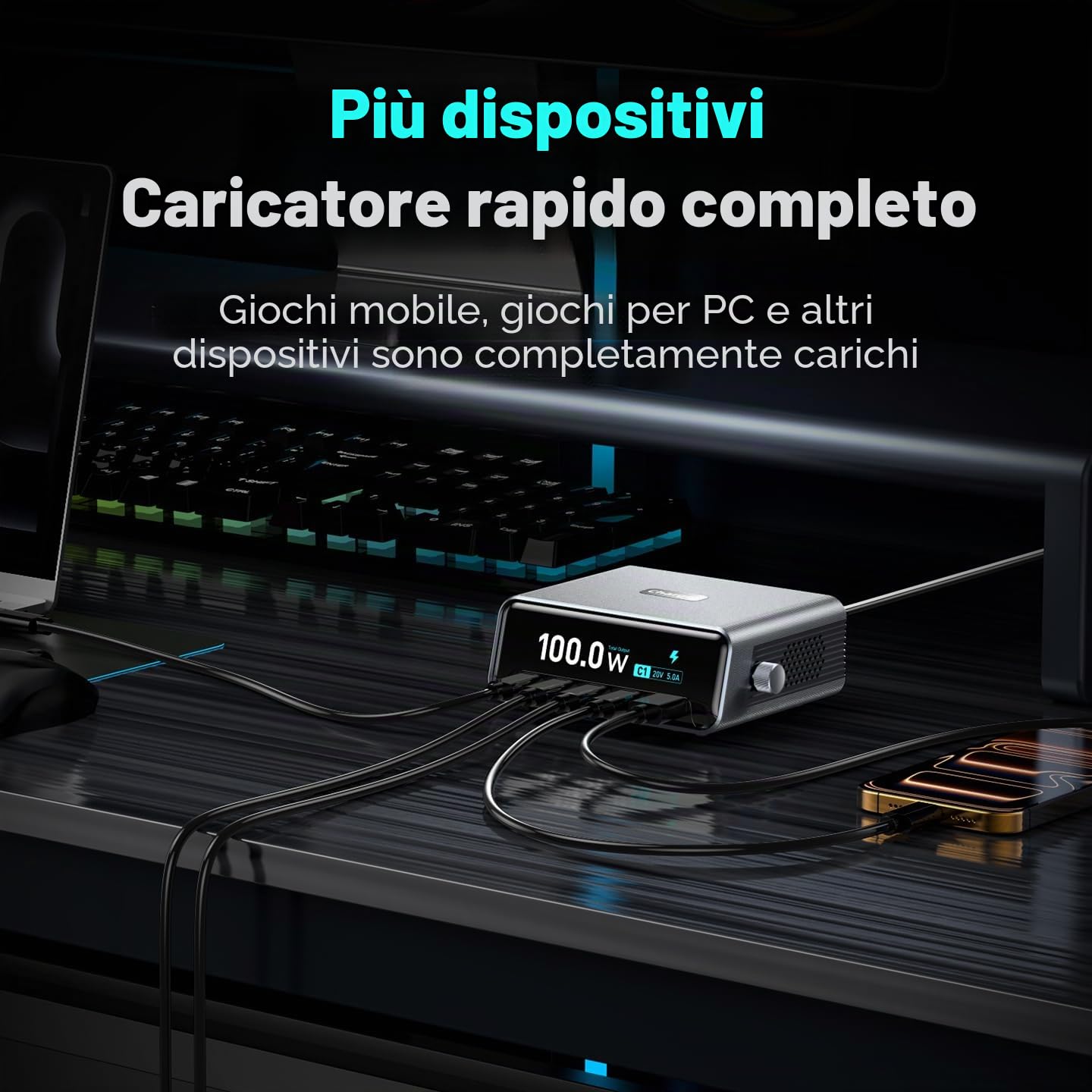 Stazione di ricarica desktop intelligente, stazione di ricarica USB C GaN3 da 100W, ultraveloce a 5 porte, USB C con PD3.0 da 100W, QC3.0, display LCD da 2,25" e quadrante di controllo intelligente