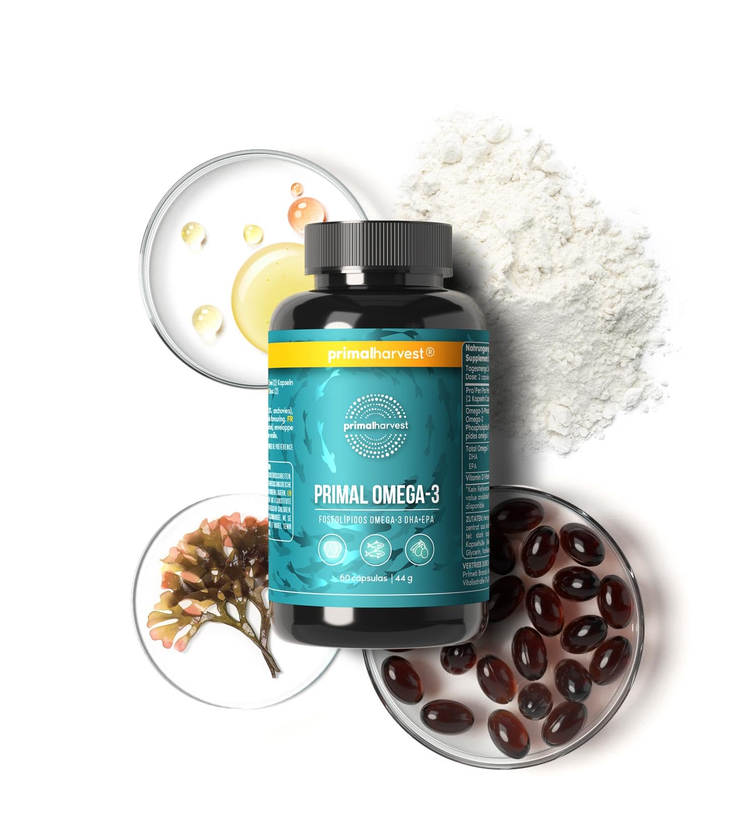 Primal Omega 3 Fish Oil de Primal Harvest - Suplemento con ácidos grasos EPA y DHA, así como Vitamina E, para hombres y mujeres, 60 cápsulas (2)