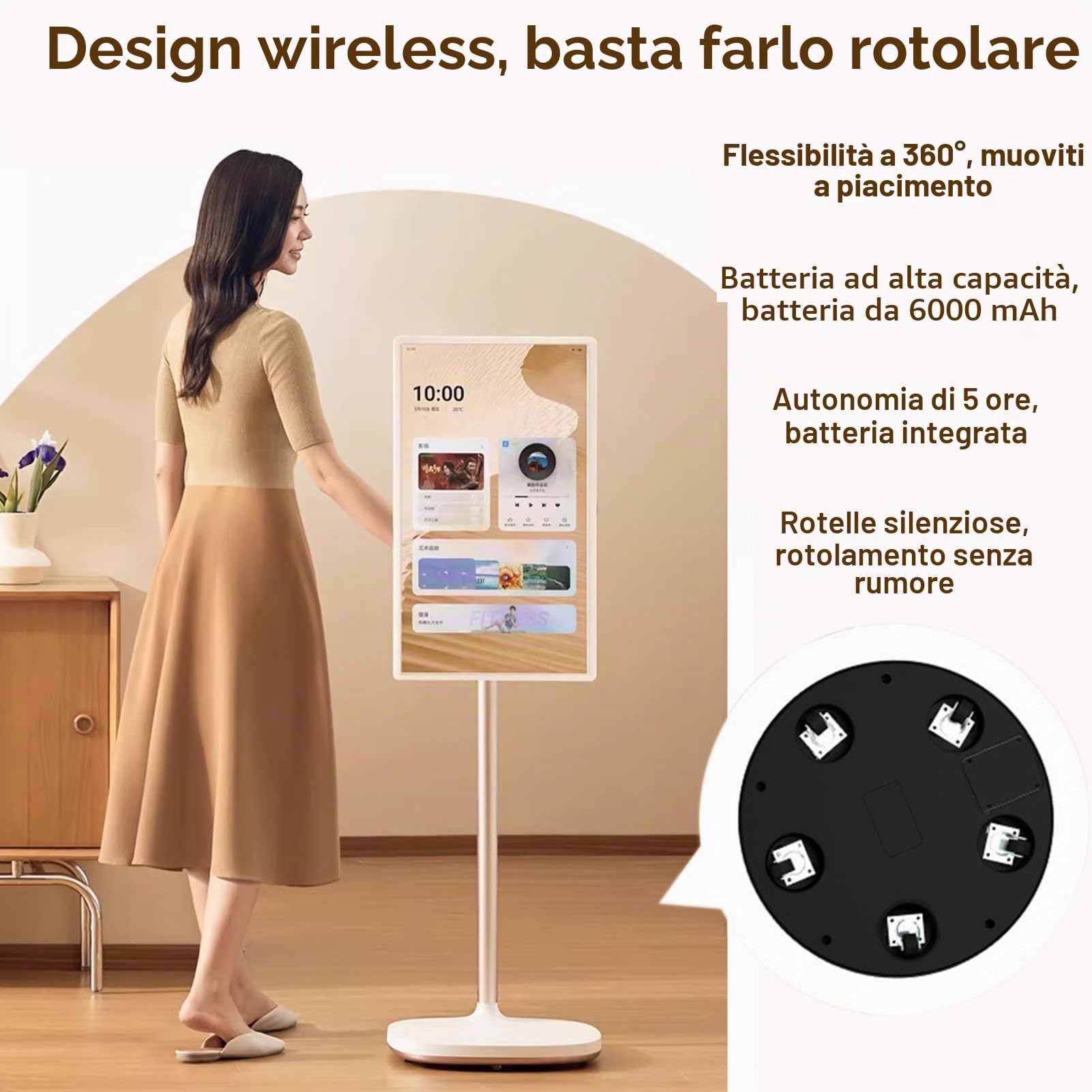 Smart TV Portatile Touch Screen da 21,5 Pollici, TV Mobile su Ruote con Sist-ema Operativo Android, 4 GB + 64 GB di Memoria, Batteria Integrata da 6000 mAh White-4+64G