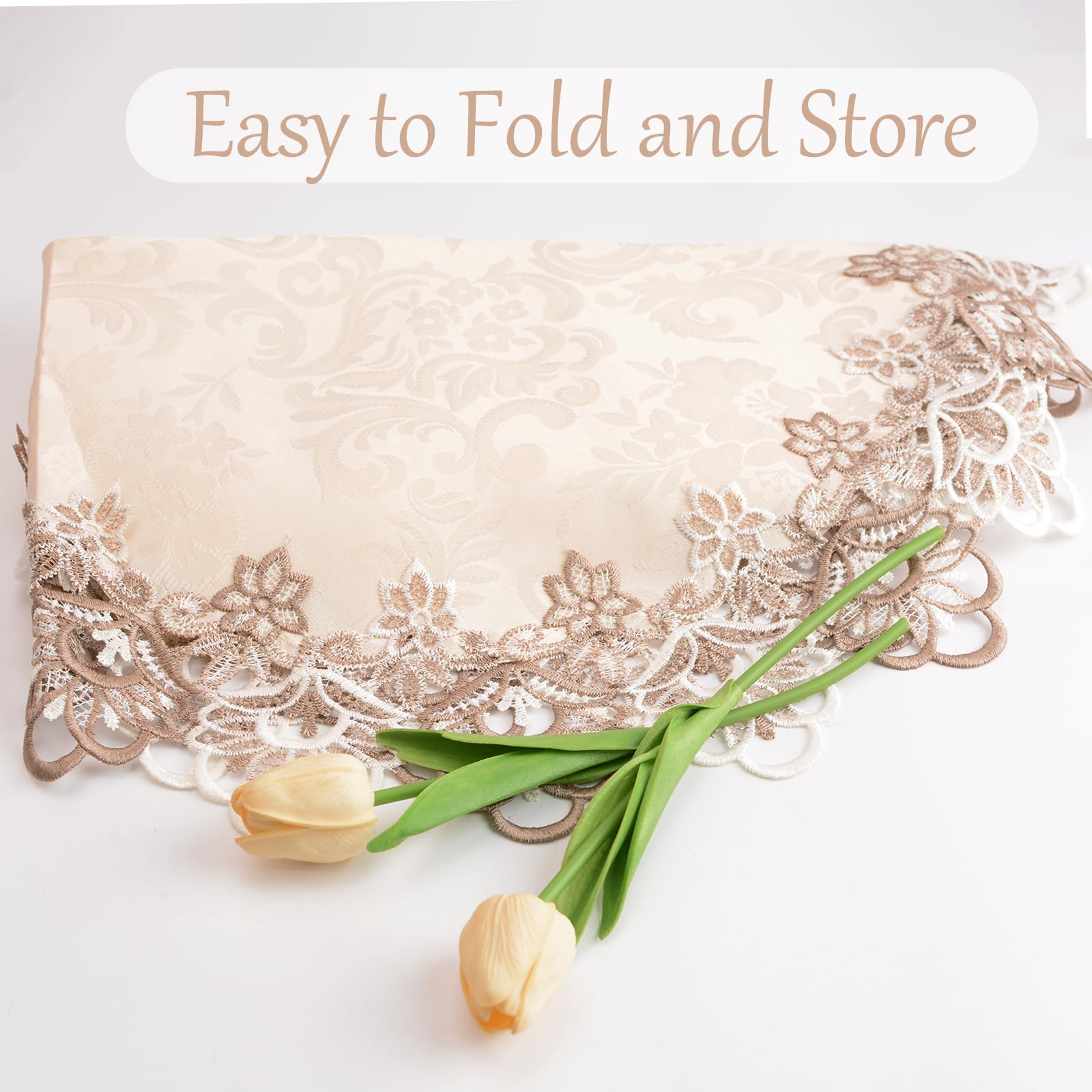 URROMA Nappe Ronde En Lin, 1 Nappe Beige Avec Bordure En Dentelle Lavable Pour Salle à Manger, Cuisine, 60 X 60 Cm