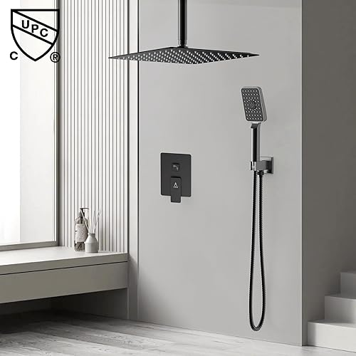 Miniatura 2 de Sistema de ducha de lluvia para montaje en el techo, ducha moderna de 12 pulgadas, juego de grifo de ducha de alta presión con juego de rociador de