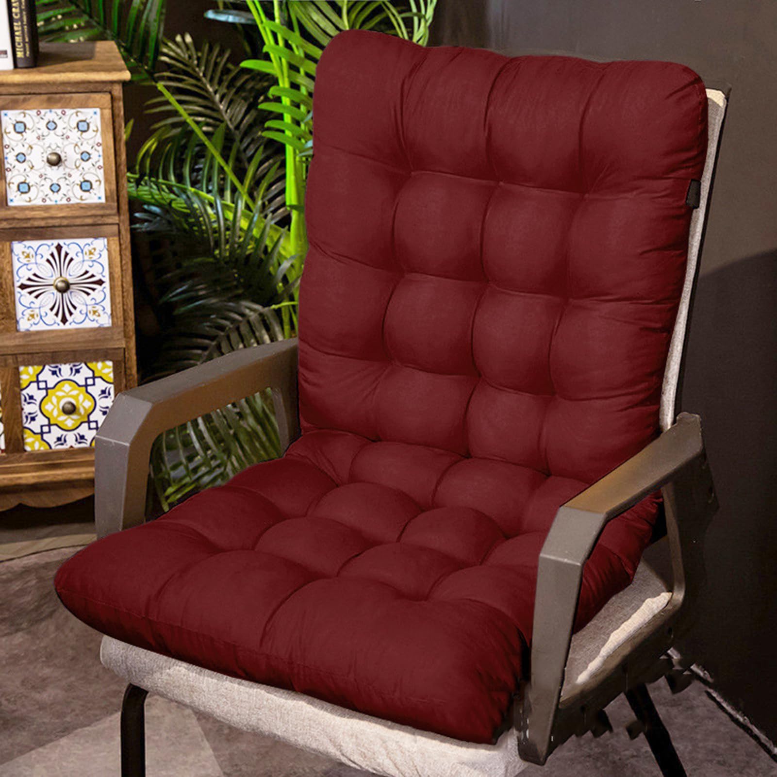 TYYCKJ Chair Cushion with Straps and Backrest, Garden Chair Cushions High Back with Soft Filling, Armchair Cushion Pad,Seat Cushions Upholstery for Garden Outdoor Furniture,Wine Red,45 * 155cm