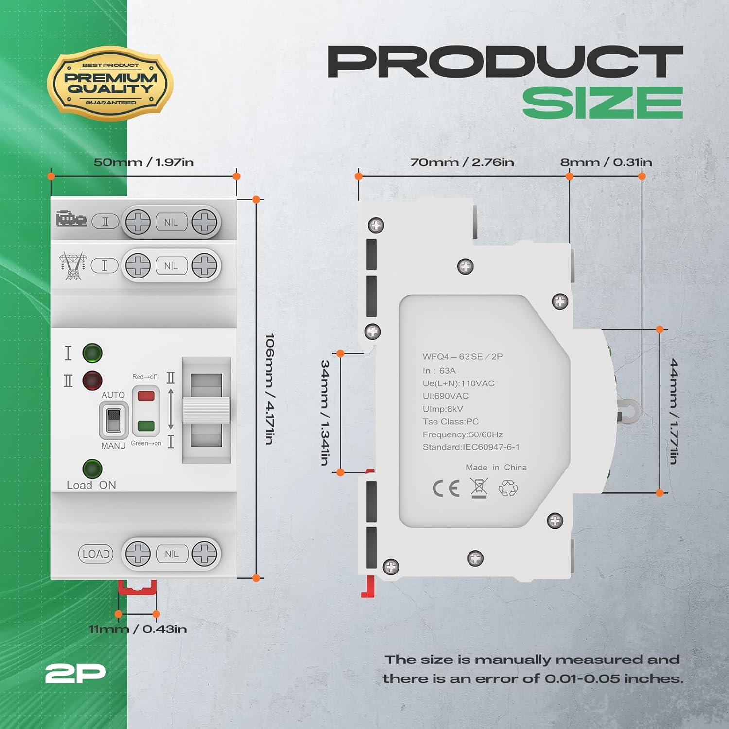 Mini Automatic Transfer Switch 2P 63A 110V,ATS Automatic/Manual DIN Rail Mount Dual Power Transfer Switch for Home Generator, RV，Public/Backup Power Supply