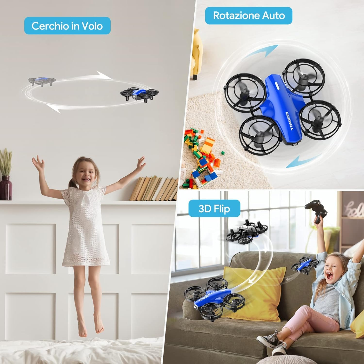 Tomzon A24 Mini Drone da Battaglia per Bambini, Quadricottero RC Telecomandato, 24 Min di Autonomia con 3 Batterie, Protezione Eliche 360°, Lancio a Mano/3D Flip/Auto-Rotazione, Blu