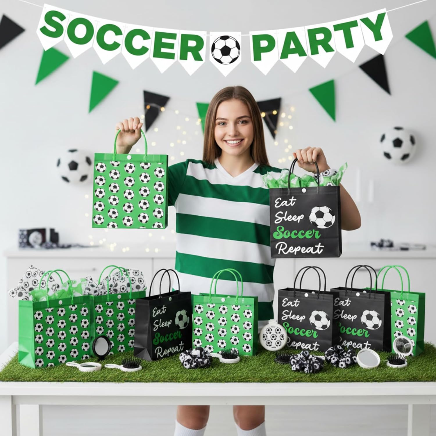 48 Pcs Soccer Party Favors Set Soccer Team Gifts for Players, Birthday Party Supplies, Sports Accessories with Treat Gift Bags, Keychains, Hair Brush with Mirror, Scrunchies - Image 5
