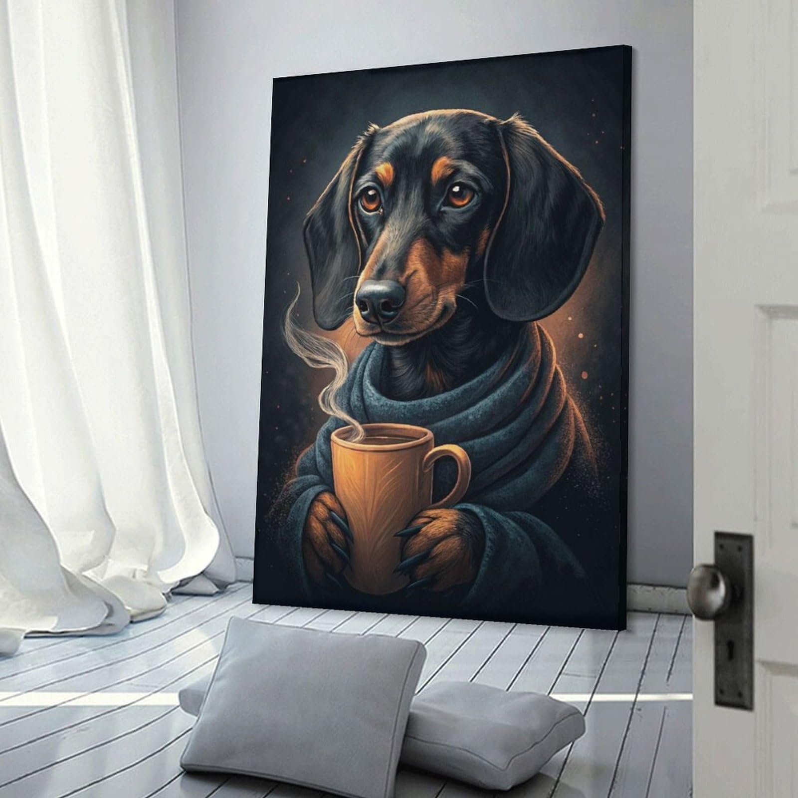 Junmoney Canvas Wall Decor Dachshund with Coffee And Scarf, 20x30inch(50x75cm), for Bedroom Decor, Cosy Corners Or Studios, Decorative Wall Art for Cosy Rooms