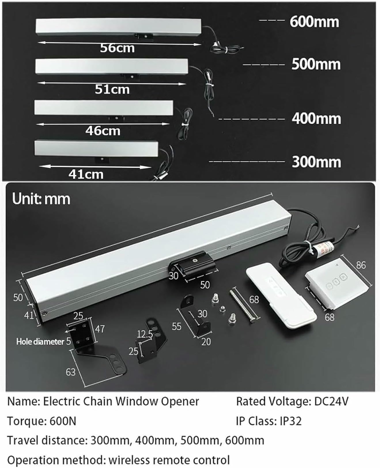 Elektryczny siłownik do otwierania okien, 24 V, z pilotem zdalnego sterowania i przełącznikiem, typ łańcucha, skok 300–800 mm, do okna szklarni
