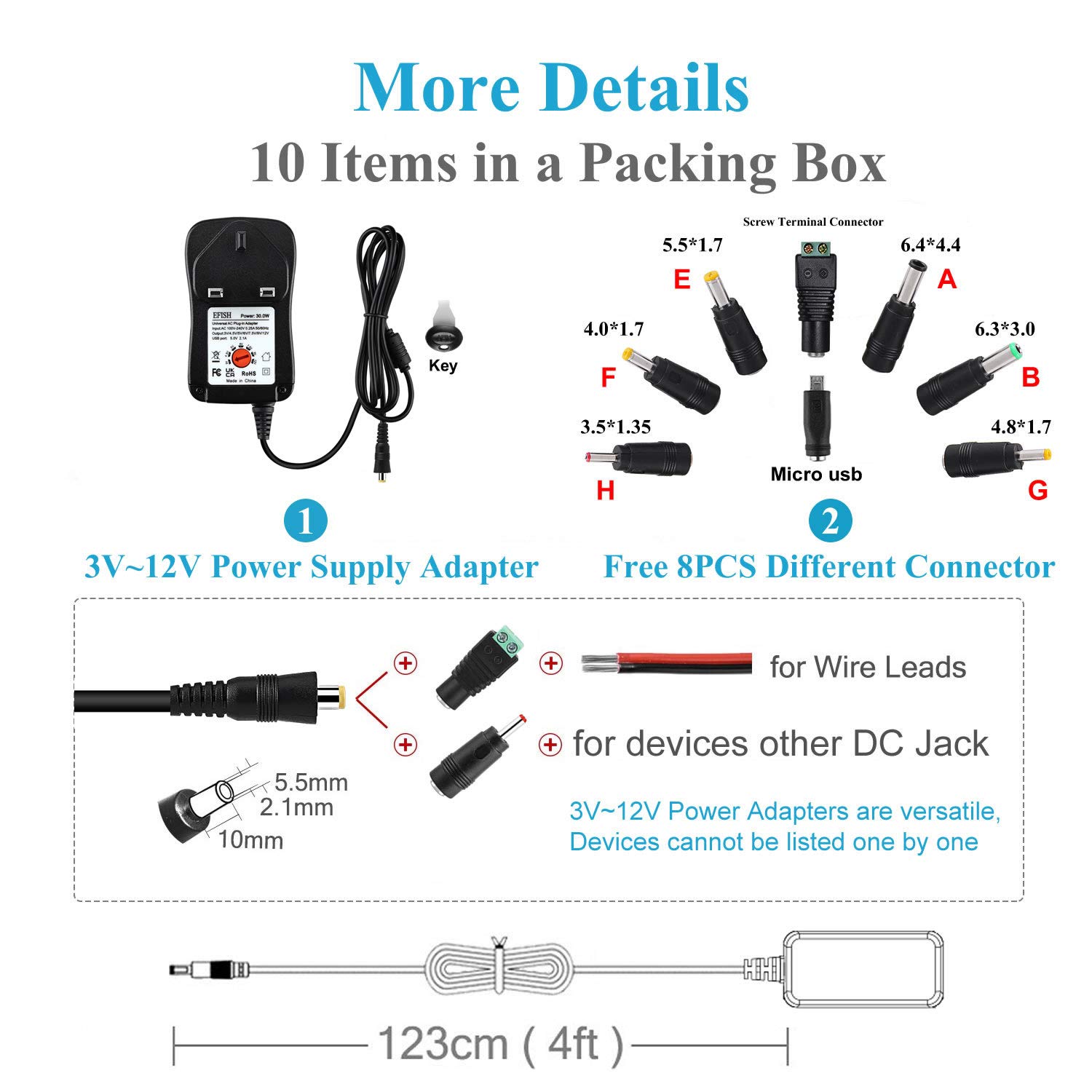 EFISH International Power Adapters Multifunctional Portable Power Transformers (Included USB),AC Supply Adapter 100-240V to DC 3V/4.5V/5V/6V/7.5V/9V/12V-MAX 2A (2000mA)+8 Different Plugs — view 7