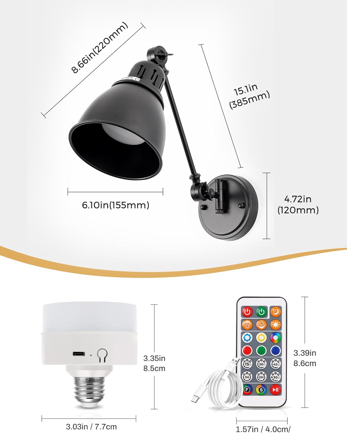 DORESshop Wall Sconces Set of 2, Rechargeable Wall Lights with 350° Rotation, Dimmable Battery Operated Wall Sconce, Wireless Wall Mount Light for Bedroom, Living Room(2 Pack Black)