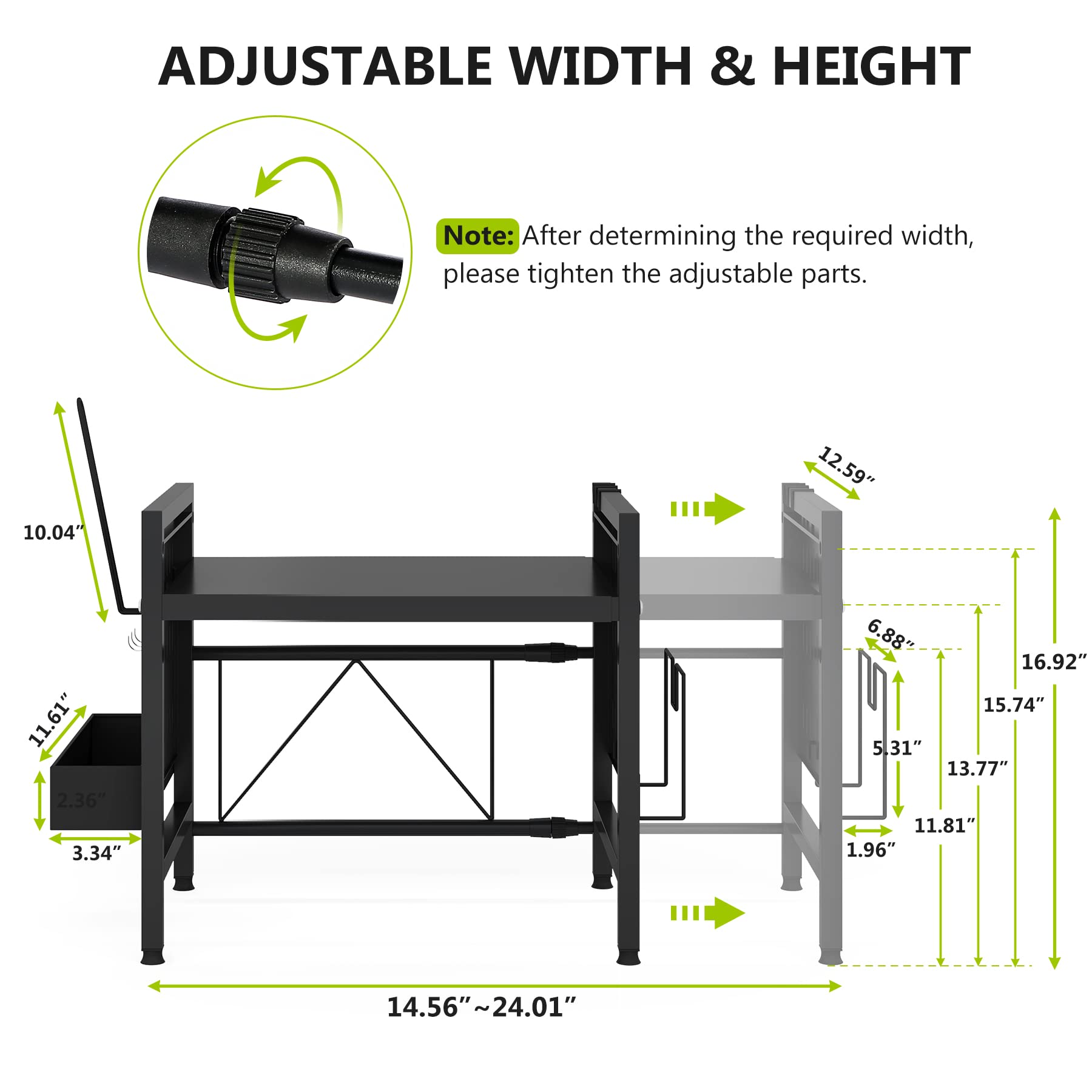 1Easylife Extendable Microwave Oven Rack, 2 Tiers Adjustable Microwave Stand with Spice Organizer & Paper Towel Holder, Black Oven Shelf Kitchen Countertop Organizer with Hooks & Cutting Board Holder