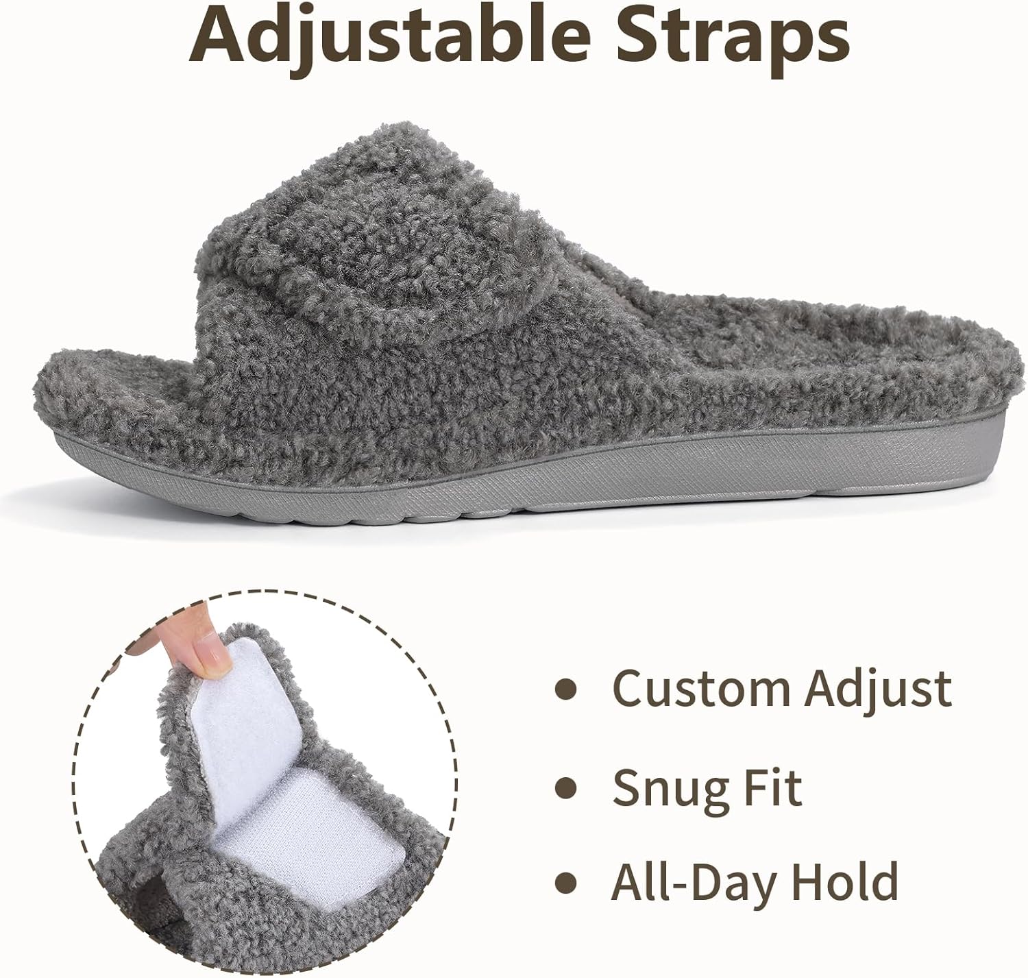 Litfun Womens Fuzzy Arch Support Slippers Orthopedic Comfy Adjustable Open Toe House Shoes, New Grey 40 - Image 5