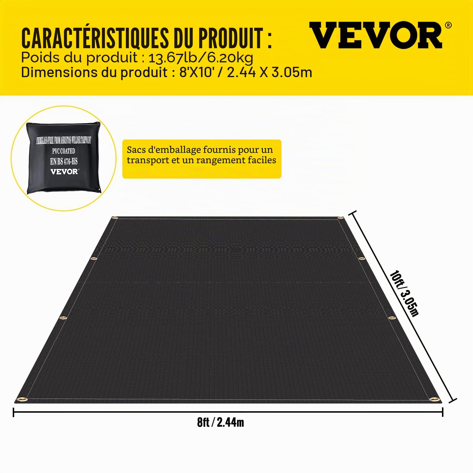 VEVOR Couvertures anti-feu, lot de 2 couvertures de soudage couverture anti-incendie 2,44 x 3,05 m ignifuge 550 °C couvertures d'urgence noires, couverture en fibre de verre avec 12 œillets en laiton