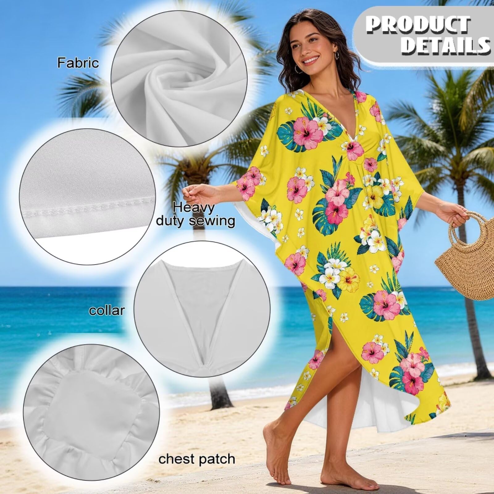 Poceacles Tropikalna sukienka kaftan z kwiatowym nadrukiem dla kobiet plus size strój kąpielowy okrycie letnie okrycie plażowe hawajska sukienka