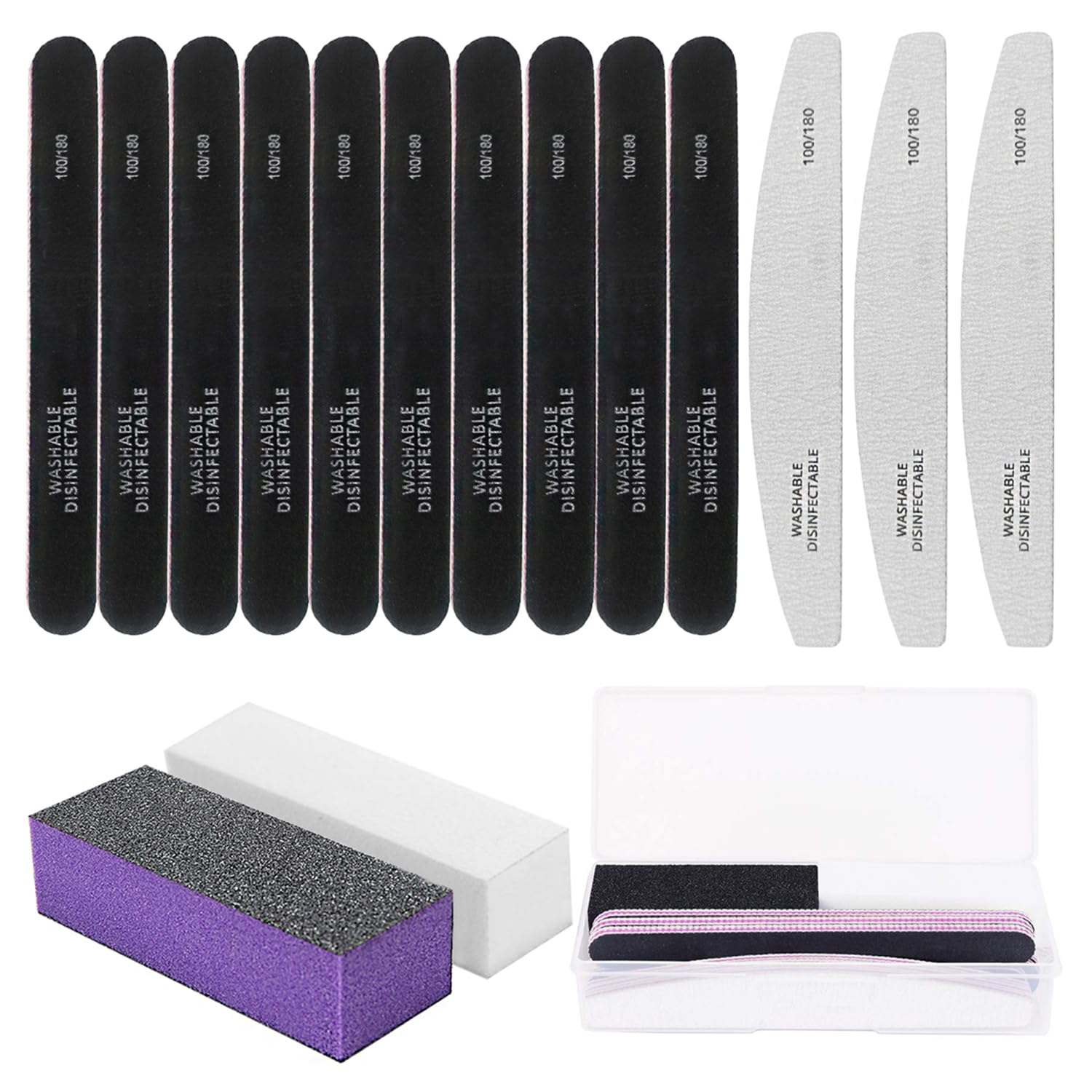 15PCS Nail Files and Buffer with Storage Box,Professional Manicure Pedicure Kit White Buffer Block Reusable 100/180 Grit Nail Files Emery Board Black