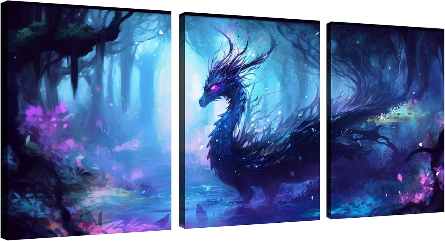 Dragon Wall Art Psychedelic Room Decor Blue Spirit Dragon Oil Painting on Canvas Wall Art for Modern Home Decoration with Framed Art Micro Spray Can Directly Hang 3 Pcs Canvas Prints 12X16inches