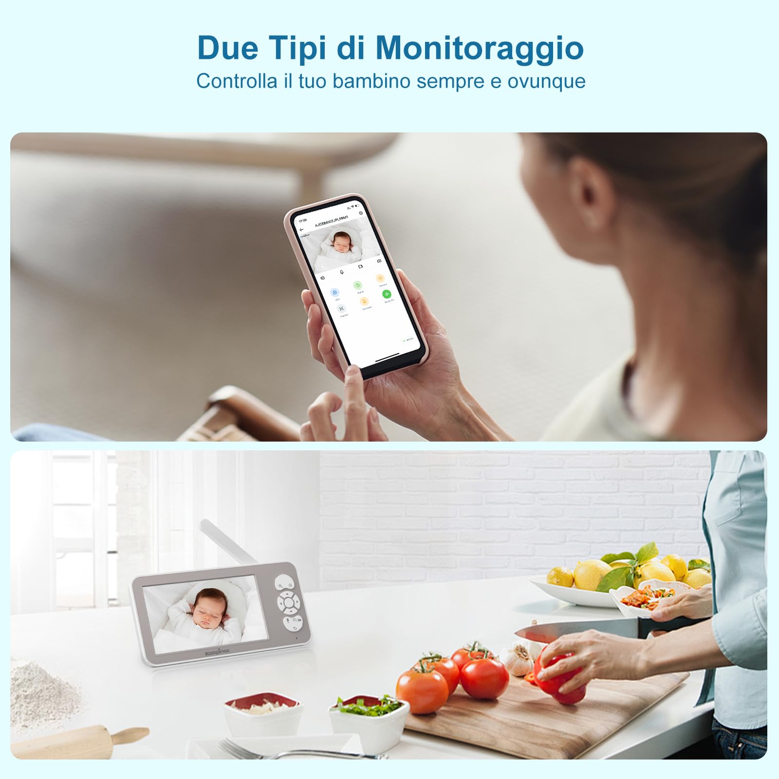 Baby Monitor Video e Audio 5" 2k HD Telecamera Neonato Visione Notturna Audio Bidirezionale Zoom 4X Monitoraggio Temperatura VOX Rilevamento Del Pianto Ninne Nanne 3000mAh Batteria Ricaricabile