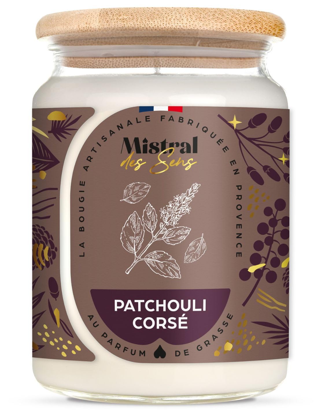 Duftkerze, handgefertigt, "Patchouli", 150 Stunden, 700 ml Mistral des Sens