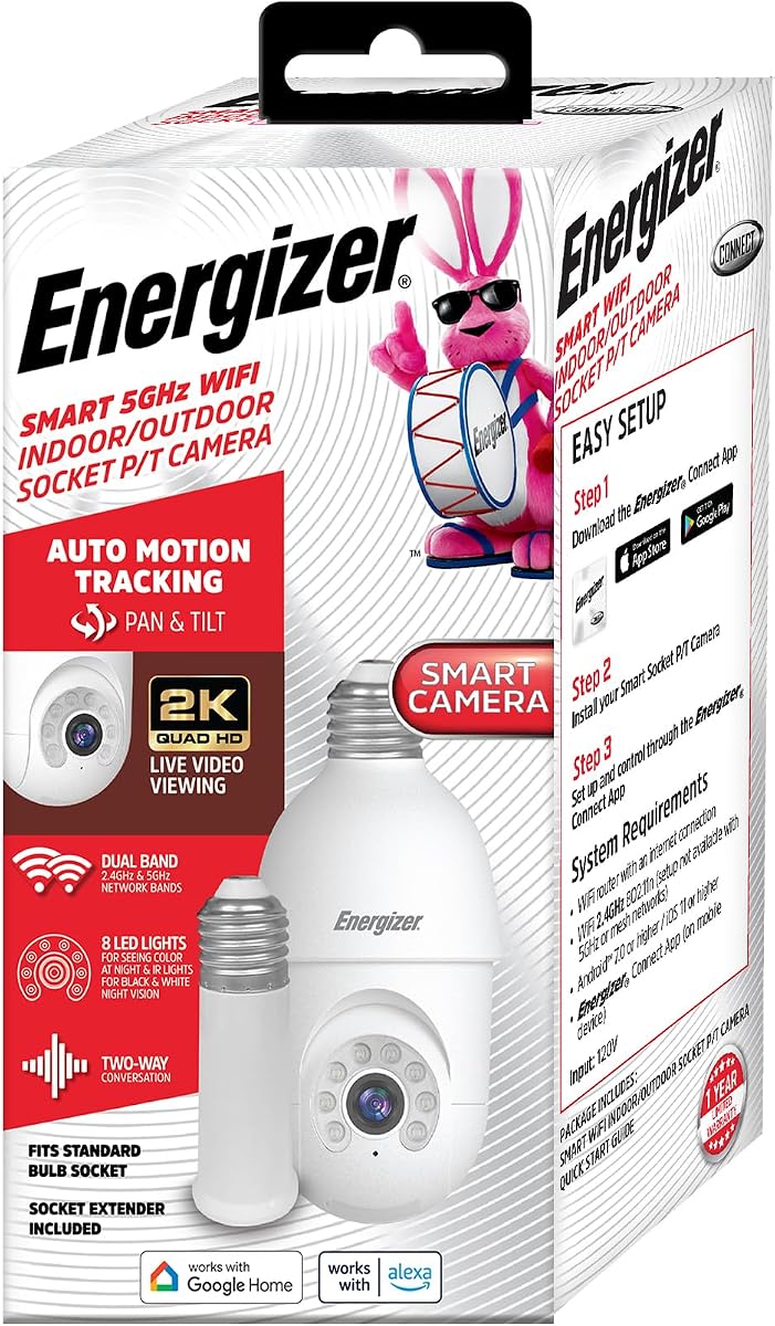Energizer Smart Socket Camera, cámara de seguridad con bombilla para exteriores 2K QHD, 5GHz/2,4GHz, seguimiento automático de movimiento con giro e inclinación, audio bidireccional, visión nocturna, grabación, alertas, control de voz con Alexa y Google