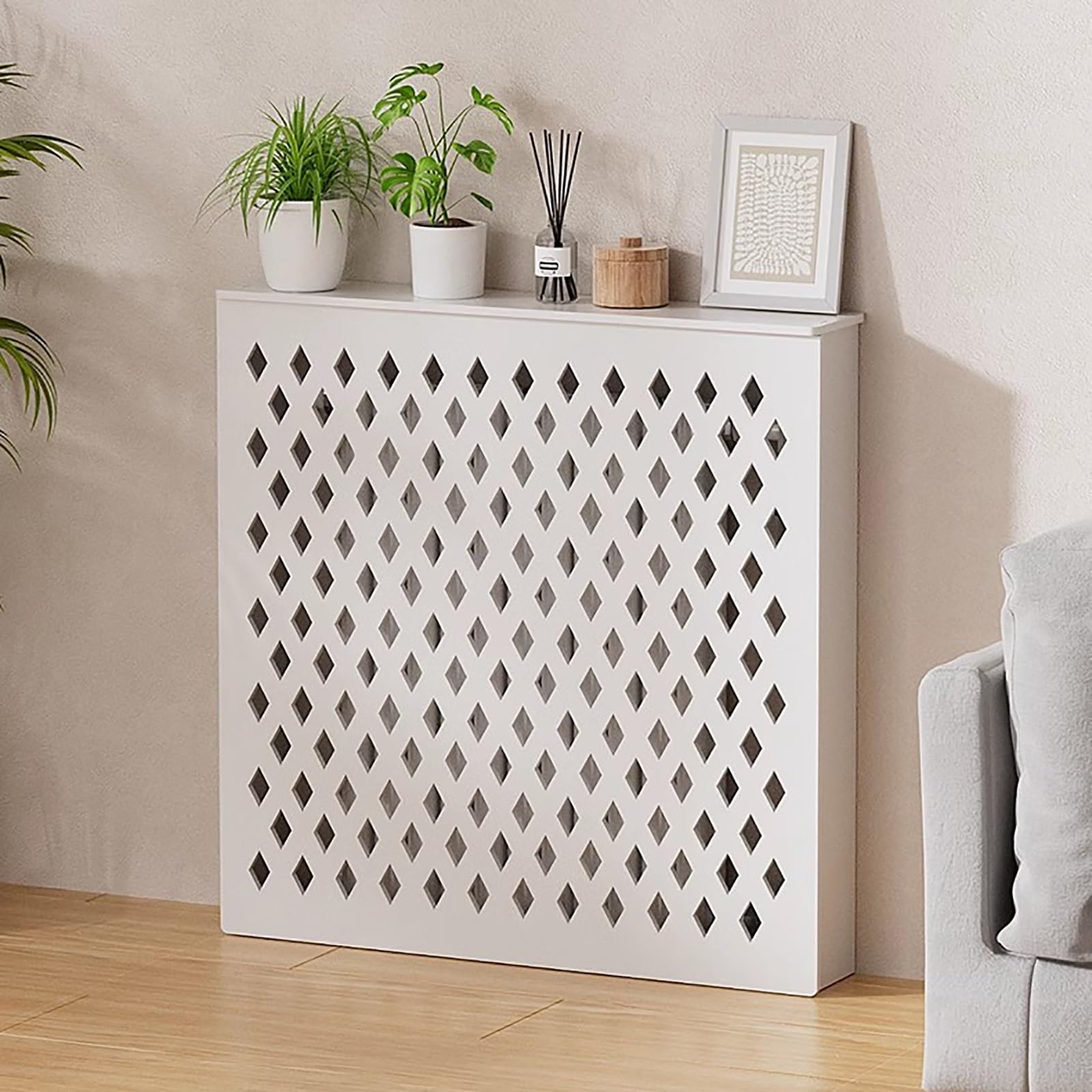 Cubreradiador para Esconder,Cubierta del Radiador,Soporte de exhibición de la Cubierta del radiador,Diseño Hueco de Rejilla,para Sala de Estar, Dormitorio, Pasillo.(L90*H60*T20cm)