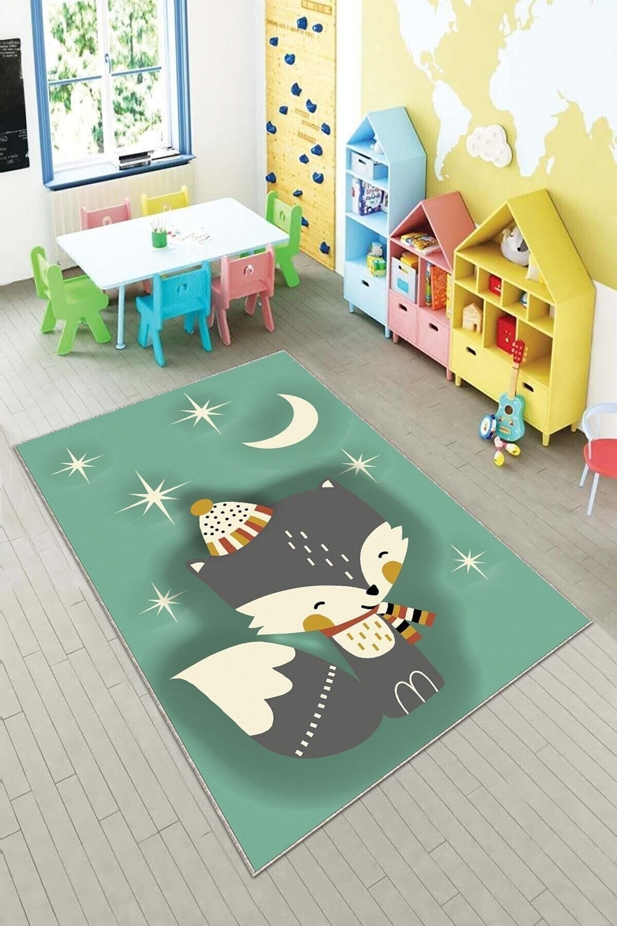 Pelangi Yeşil Rakun Desenli Yıkanabilir Kaymaz Taban Leke Tutmazbebek Ve Çocuk Odası Halısı, Yeşil-Gri 80 x 600