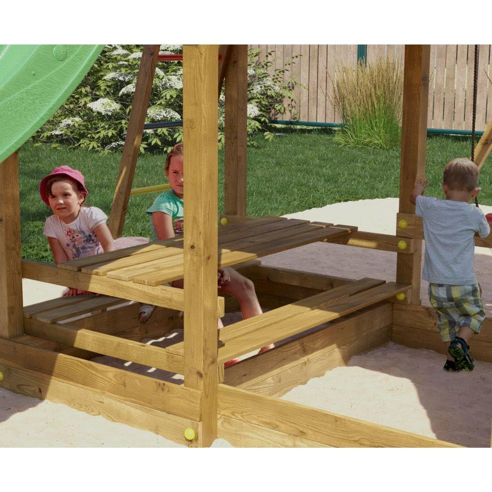 Casetta Parco Giochi in Legno da Giardino Fungoo Mars con Scivolo 2,2 m, 2 Altalene, Tavolo Picnic, Parete Arrampicata e Sabbiera – Struttura Completa per Bambini 3-10 Anni