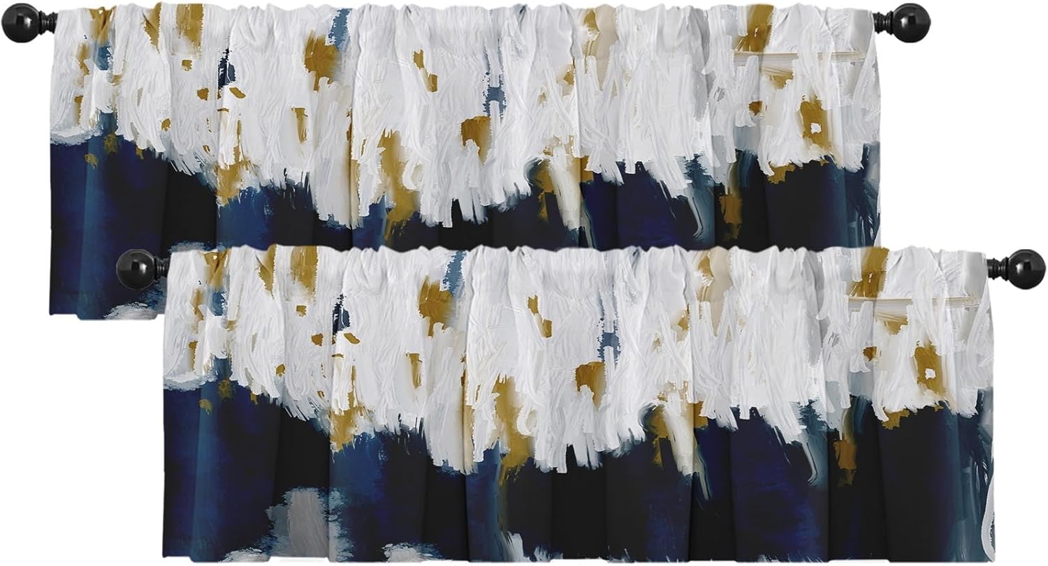 Emvency 2 Pack Valances Window Treatments, Navy Blue Gold Painting Blackout Drapes