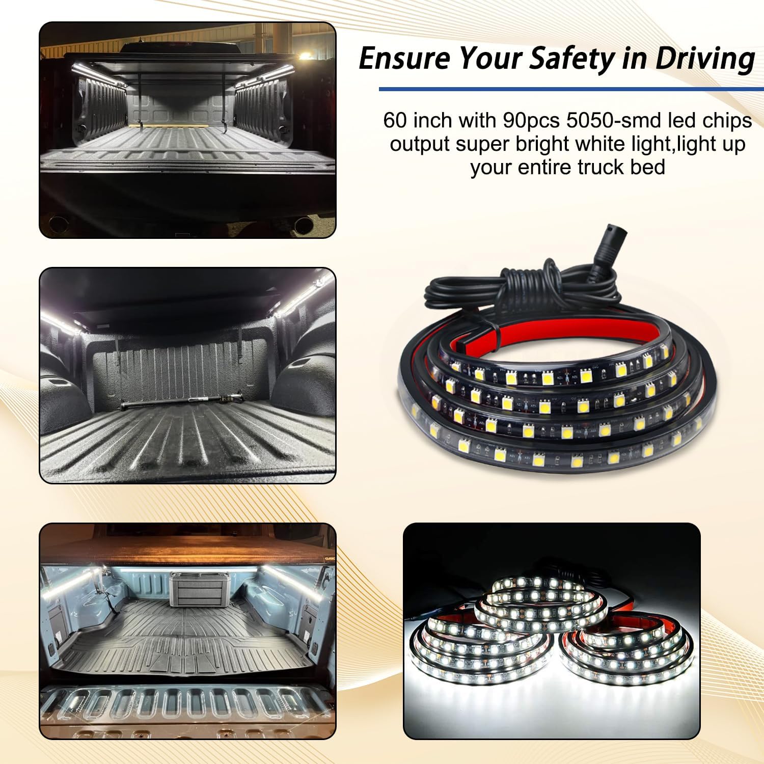 3Pcs 60 Inch Truck Bed Lights, Avenemark Waterproof 12V LED Light Strip with 270 White LEDs, Truck Accessories Strip Lights Kit with On/Off Switch Wiring Extension Cable for Pickup Cargo Boat