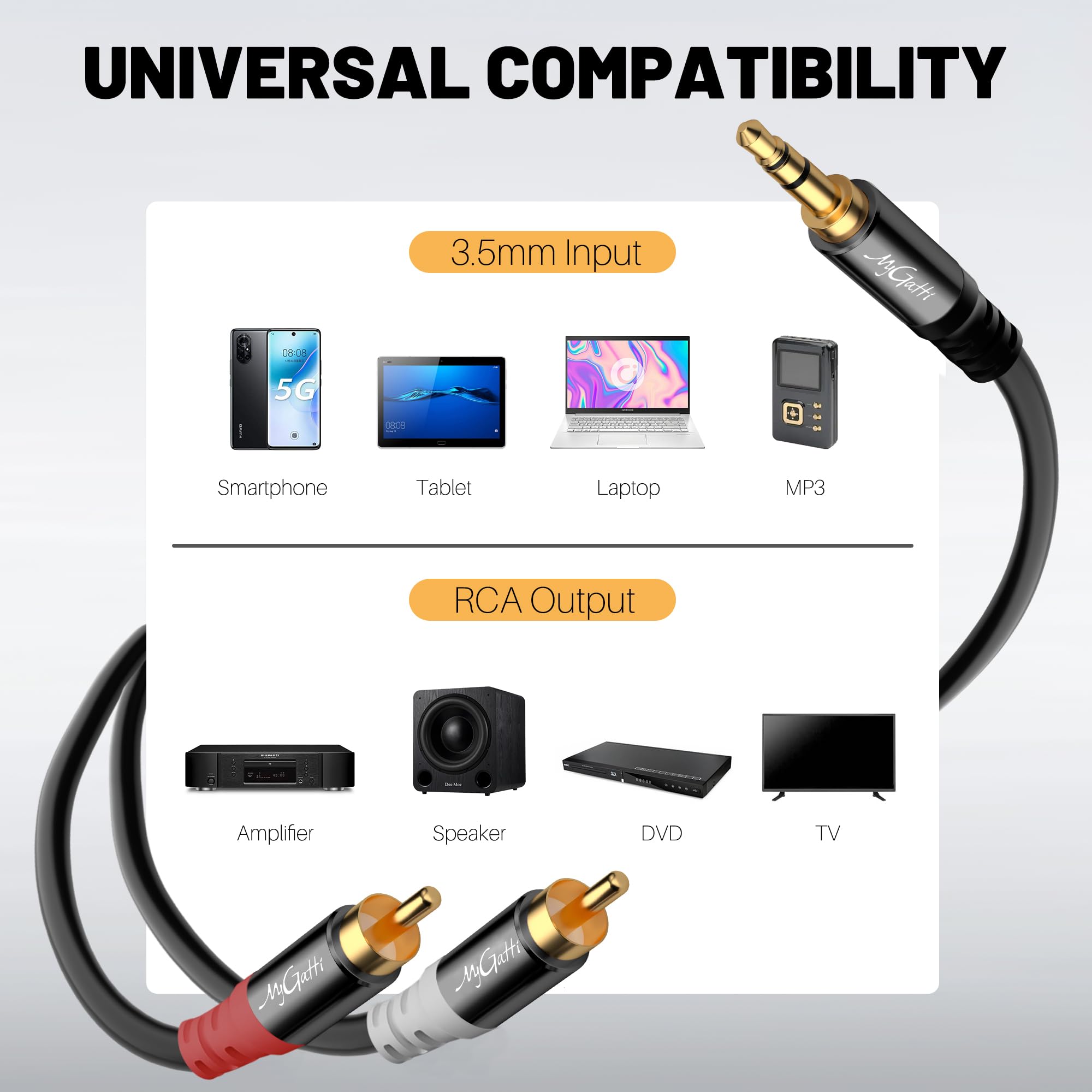 Cable jack de 3,5 mm a RCA de 25 metros, 2 RCA macho a Aux estéreo, cable divisor Aux-RCA Y, cable divisor de 1/8 a 2 RCA, para auriculares, MP3, altavoces y más