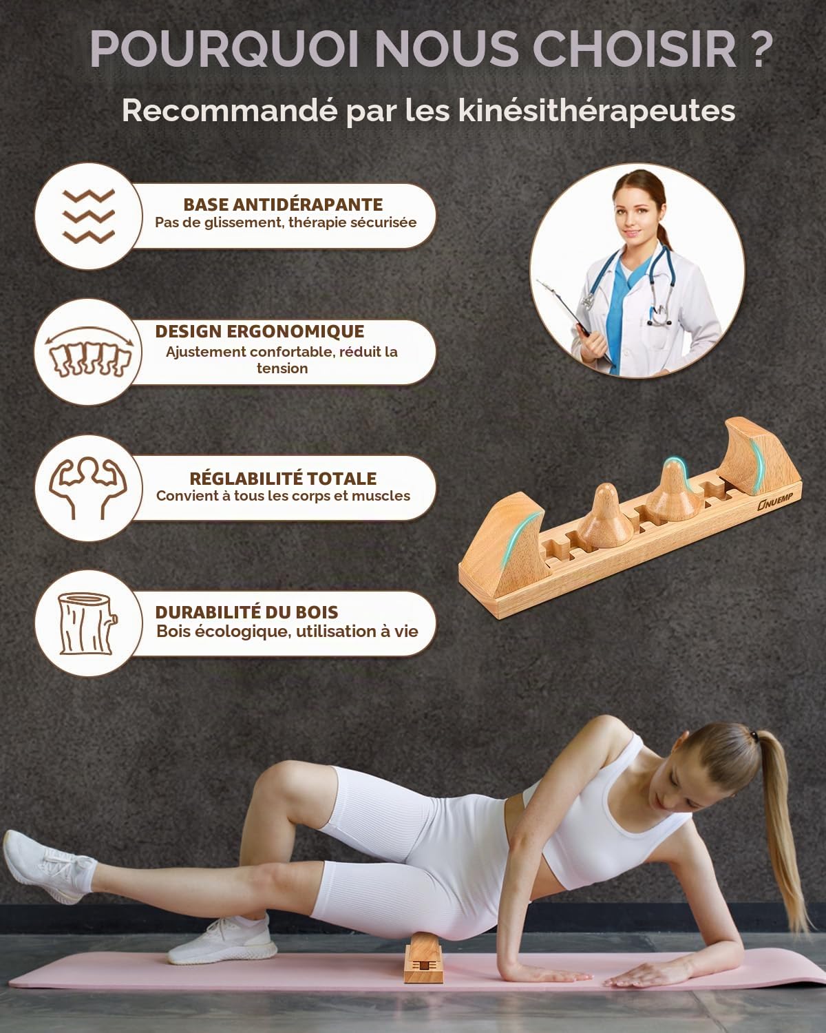 Psoas - Outil de massage en bois - Système de crochet réglable pour la relaxation musculaire, les fléchisseurs de la hanche, le dos, les cuisses, les fesses, l'iliaque, la nuque et les tissus profonds
