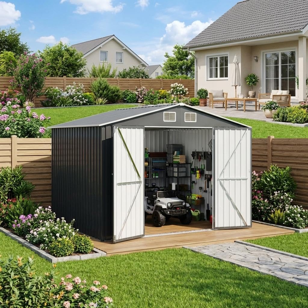 Photo 1 of **AS IS, FINAL SALE** Metal Storage Shed, 8x10 ft Metal Outdoor Storage Shed, with Doors & Lockable Windows, Large Ventilation Openings, Sturdy Design, Easy Assembly - Durable, Outdoor Sheds for Garden,Garage