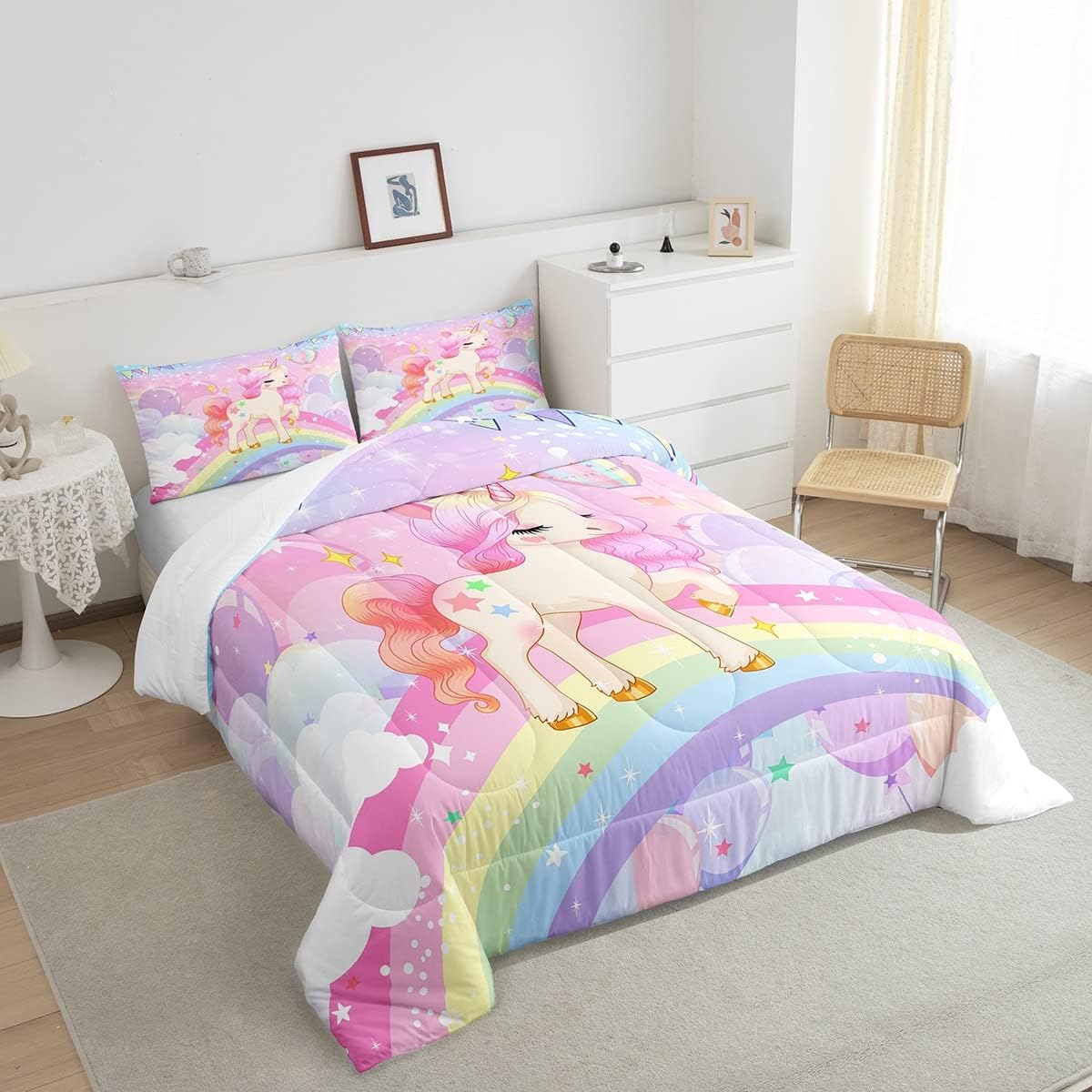 Feelyou Unicorn Girls Bedding Set Toddler Size Rainbow Kids Pink Unicorn Comforter Set Kawaii Cute Reversible Stars Quilt Comforter Teens Children Adults Cartoon Unicorn Room Decor All Season