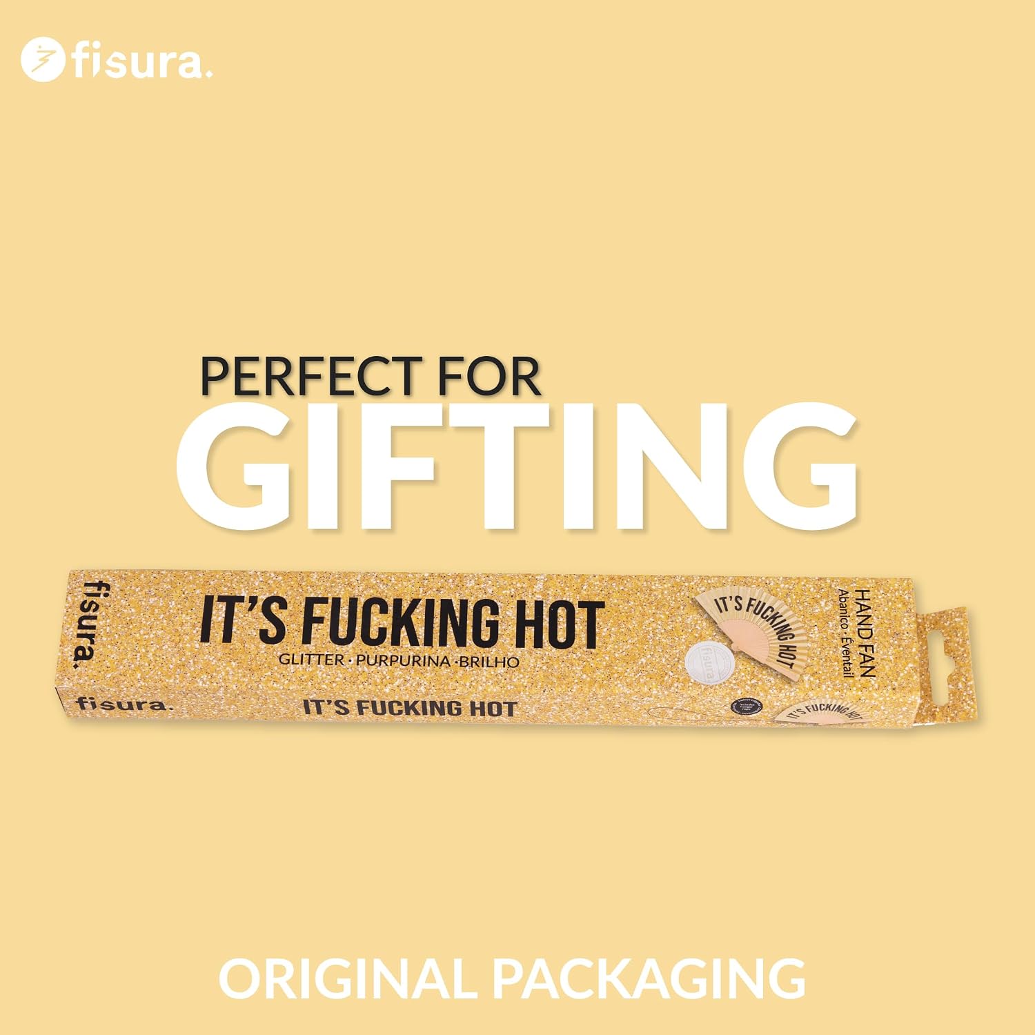 Fisura – Original Folding Fan with F*cking Hot Message. Modern, Colourful Wooden Fan with Golden Glitter. Hanger Included. Size: 42.5 x 23 cm
