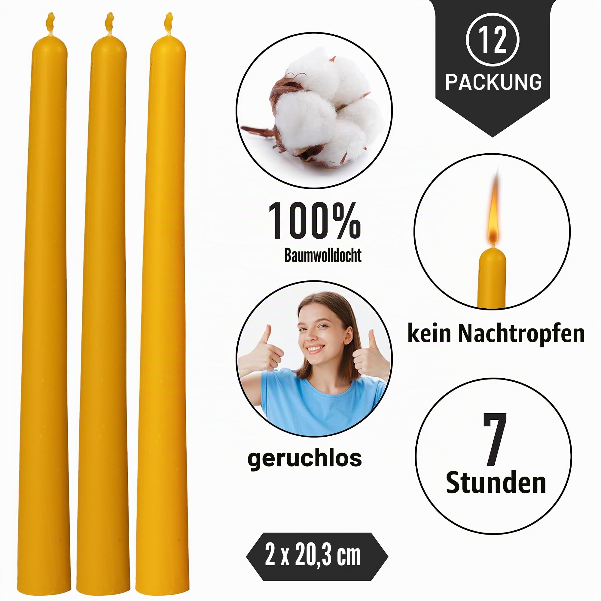 Reines Bienenwachs Stabkerzen Set - Brenndauer von 7 Stunden - 100% Reines Bienenwachs und Baumwoll Docht - Lange Duftfreie Dinnerkerzen - Handgemachtes Geschenk für Kerzenliebhaber (12)