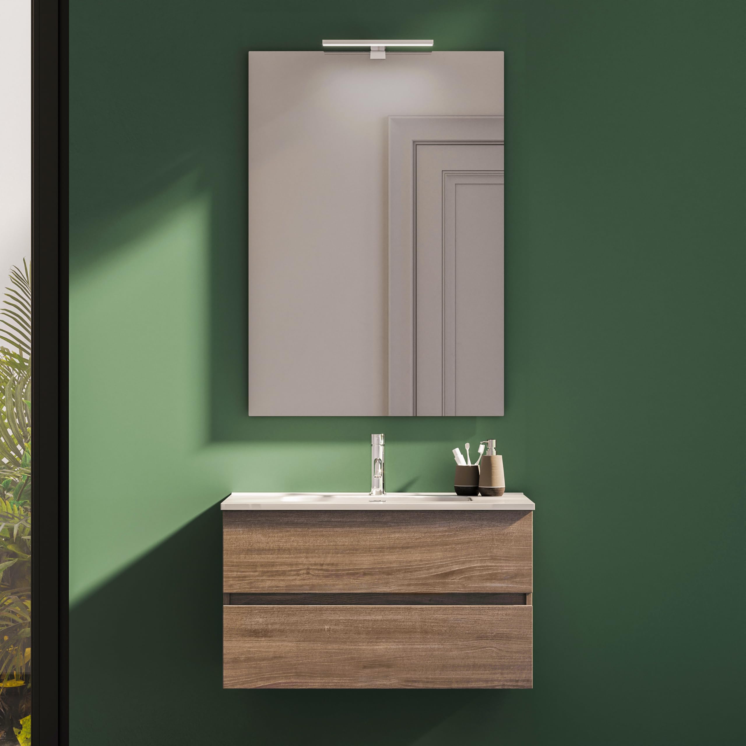 Parama Mobile Da Bagno Sospeso Mod. Yili Con Lavabo In Ceramica Profondità 46cm Specchio Filolucido Incluso (70cm, Rovere scuro)