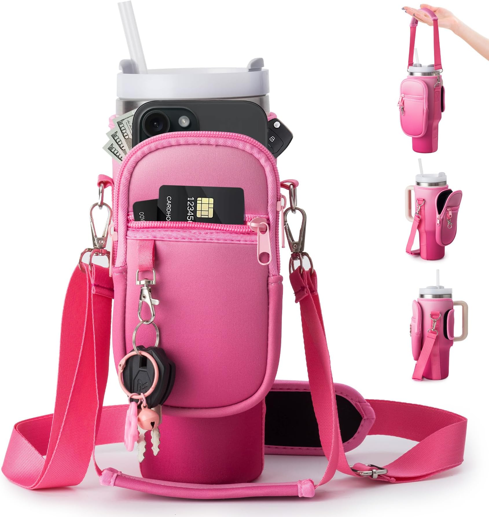 Water Bottle Carrier Bag for Stanley Cup 40/30oz with Phone Holder Pockets,Neoprene Water Bottle Cross-body Bag with Adjustable Shoulder & Hand Strap Stanley Cup Accessories