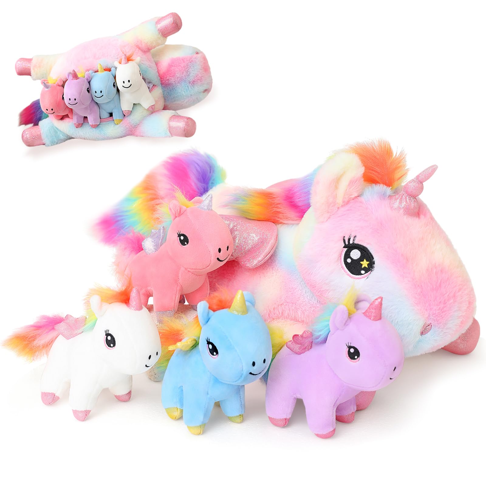 SQEQE Unicorn Mommy Stuffed Animal with 4 Baby Unicorns Super Soft Cartoon Hugging Toy Gifts for Girls Boys