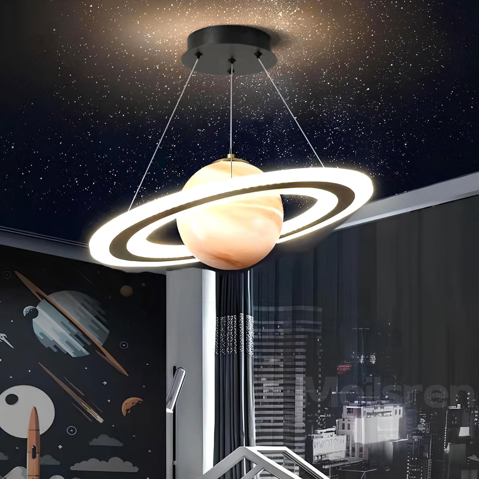 Moilsren LED Pendant Light Planet Kids Ceiling Light, Creative Astronaut Ceiling Light Dimmable Chindren's Room Lamp with Remote Control for Girls Boys Bedroom Lamp (Orange)