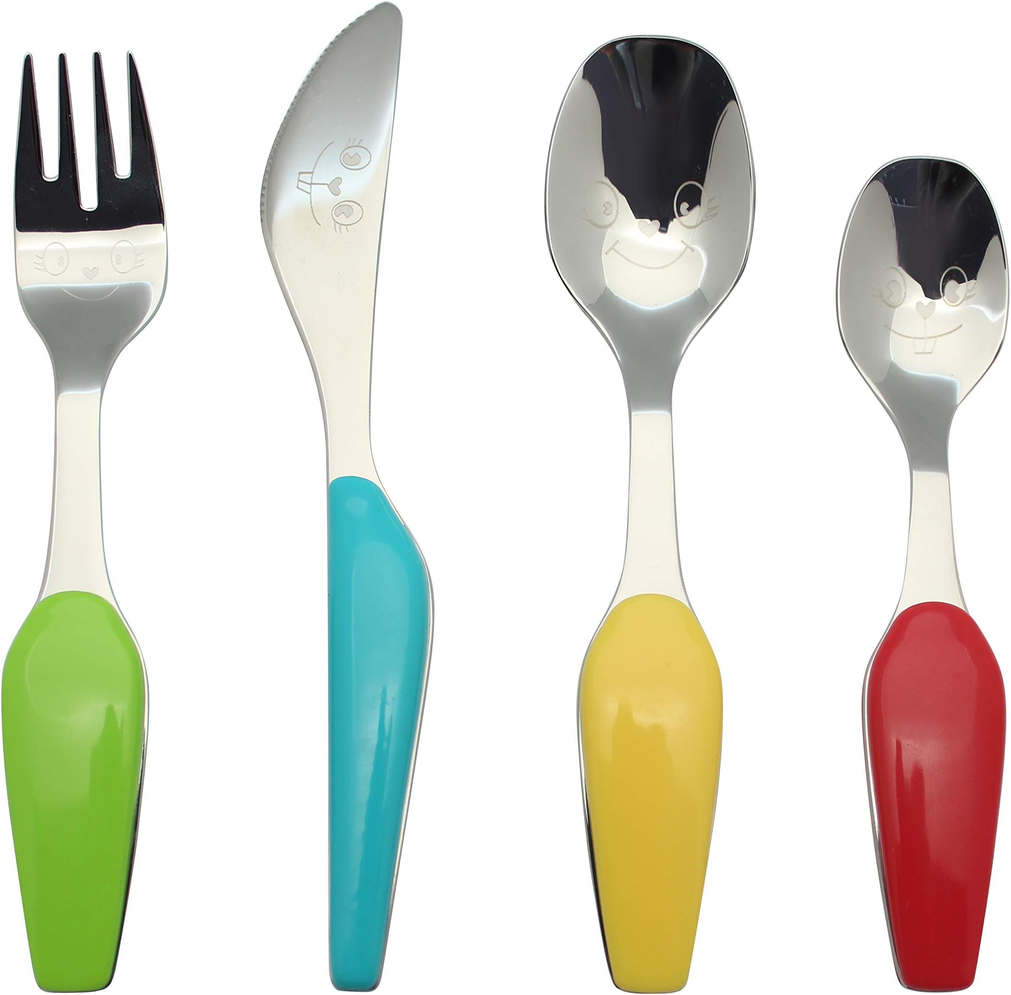 Kids Flatware Set 4pcs Stainless Steel BPA Free Dishwasher Safe 24m+ | Chunky Colourful Child Friendly Shapes Comfortable Self Feeding Home Nursery Travel Ideal for